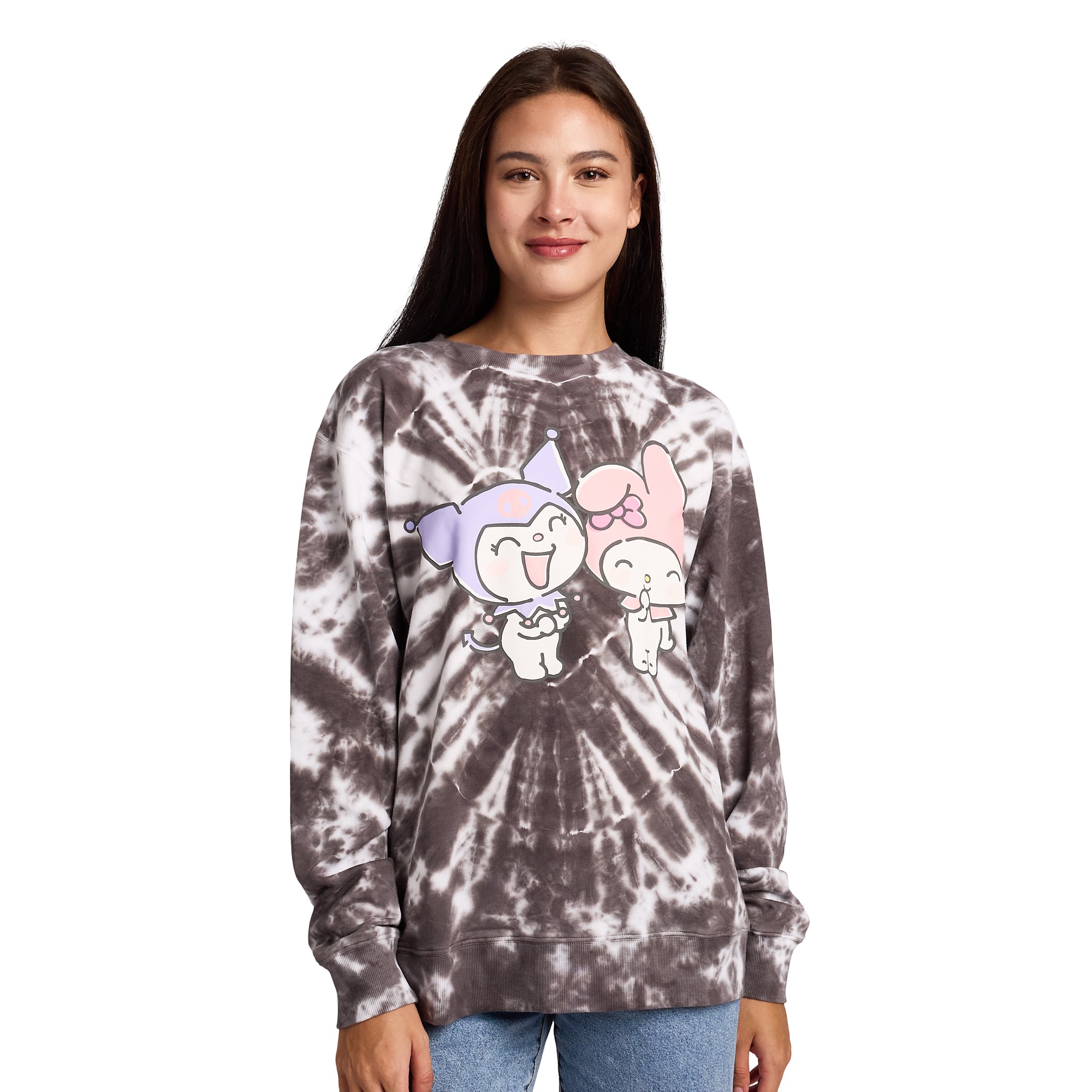 Hello Kitty & Friends My Melody & Kuromi Heart Women’s Black Crew Neck Long Sleeve Fleece Sweatshirt