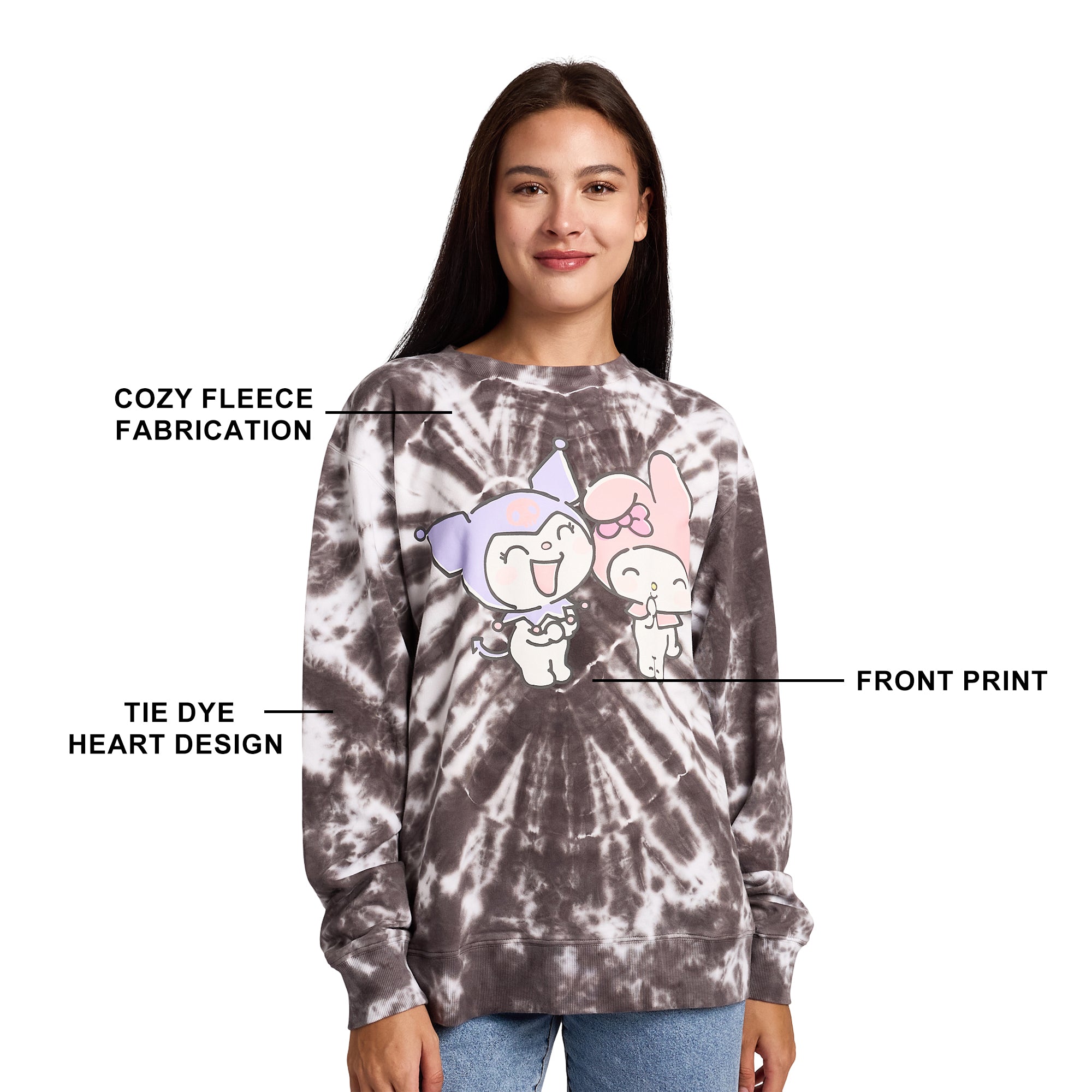 Hello Kitty & Friends My Melody & Kuromi Heart Women’s Black Crew Neck Long Sleeve Fleece Sweatshirt