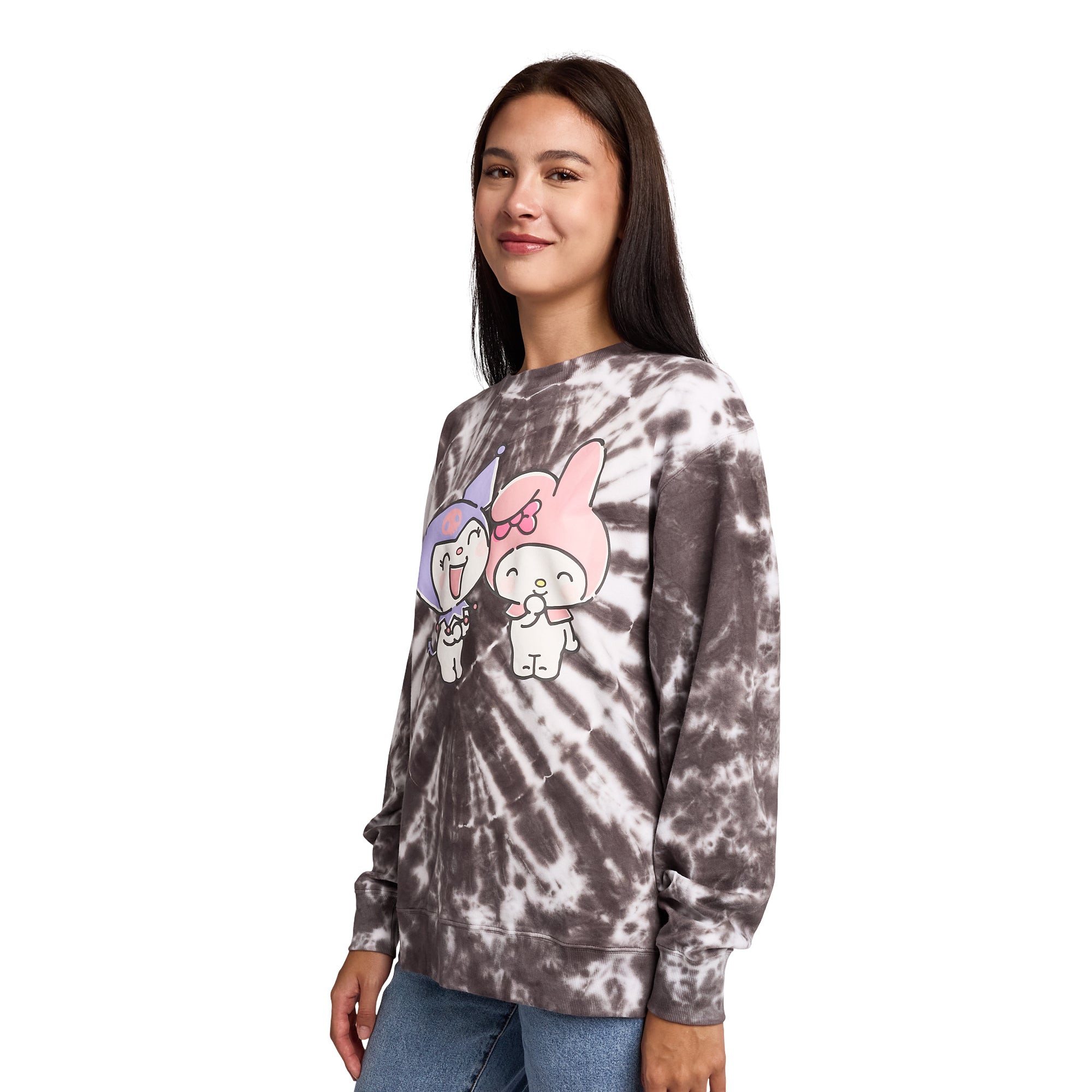 Hello Kitty & Friends My Melody & Kuromi Heart Women’s Black Crew Neck Long Sleeve Fleece Sweatshirt