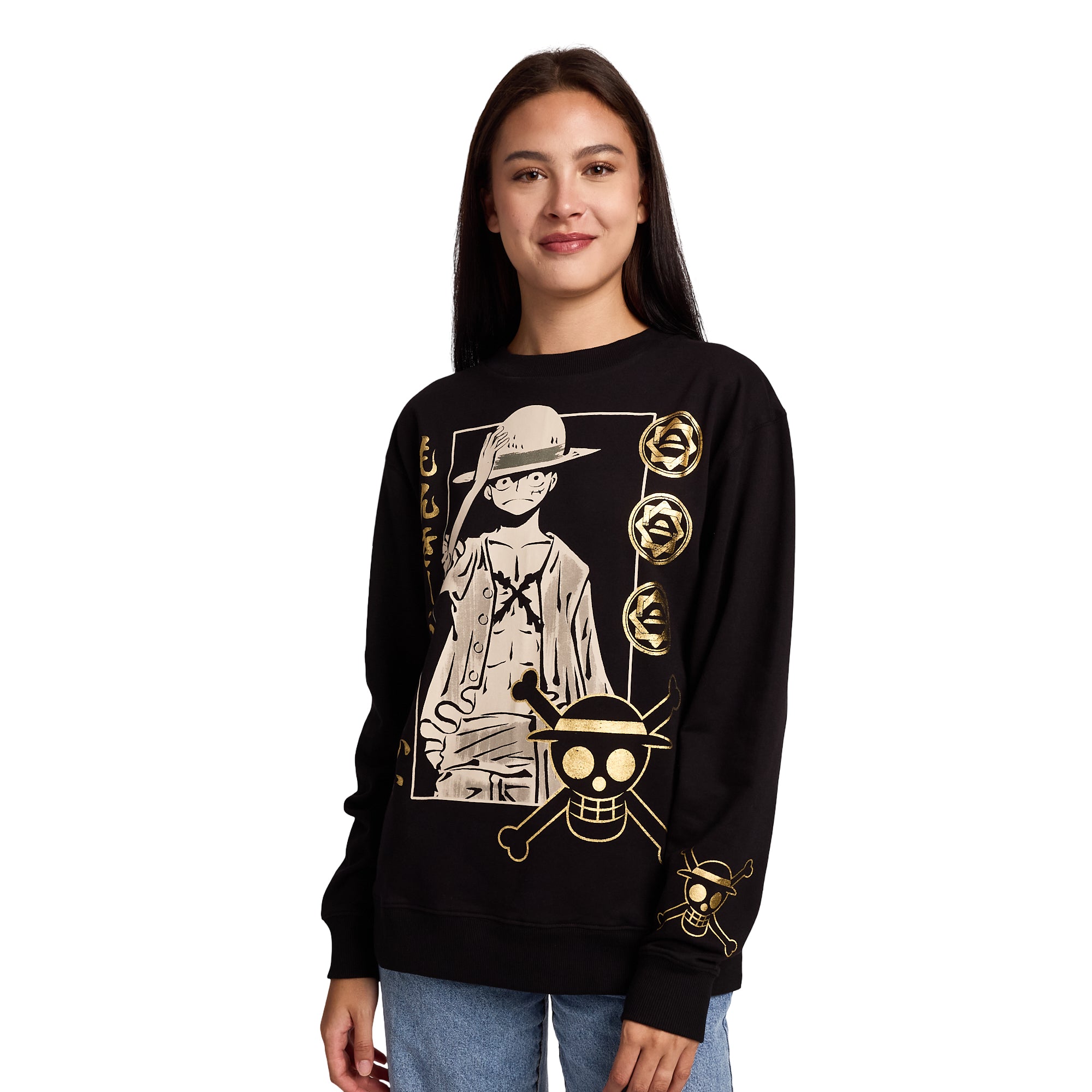One Piece Luffy Icons Gold Foil Print Women’s Black Crew Neck Long Sleeve Fleece Sweatshirt