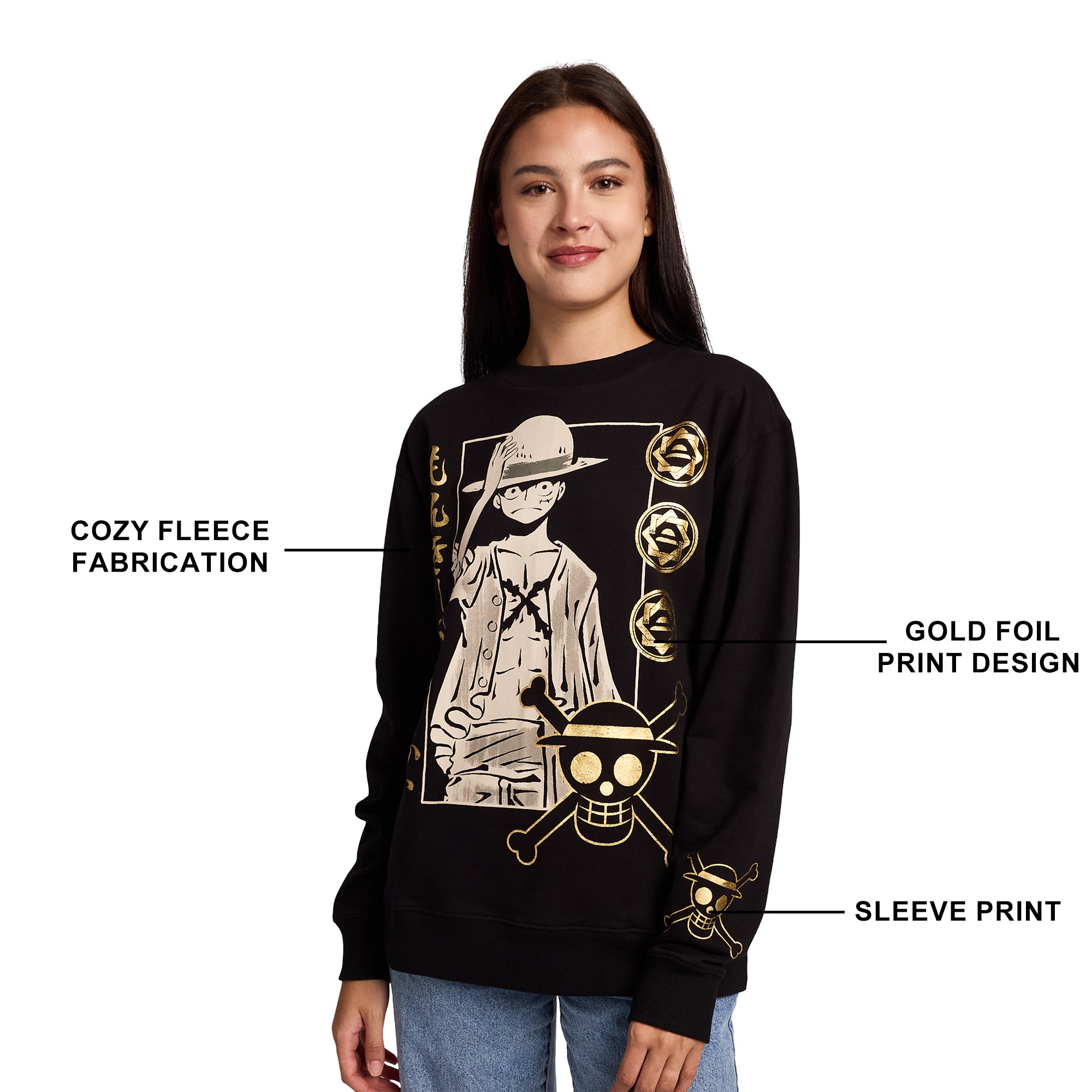 One Piece Luffy Icons Gold Foil Print Women’s Black Crew Neck Long Sleeve Fleece Sweatshirt