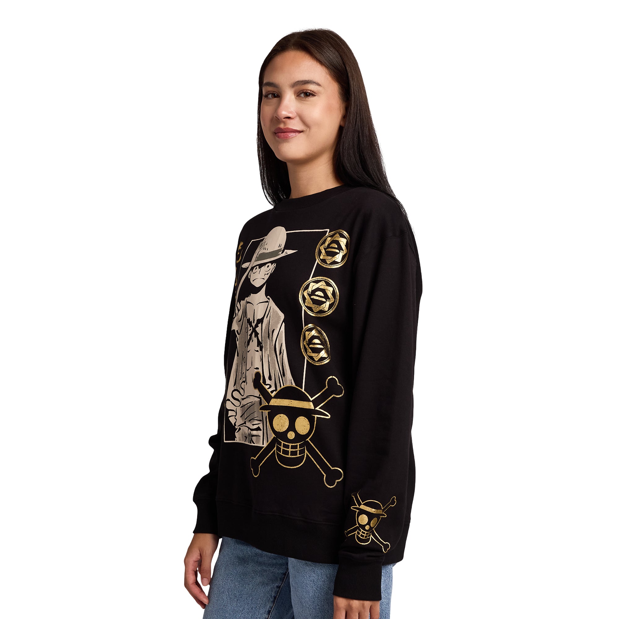 One Piece Luffy Icons Gold Foil Print Women’s Black Crew Neck Long Sleeve Fleece Sweatshirt