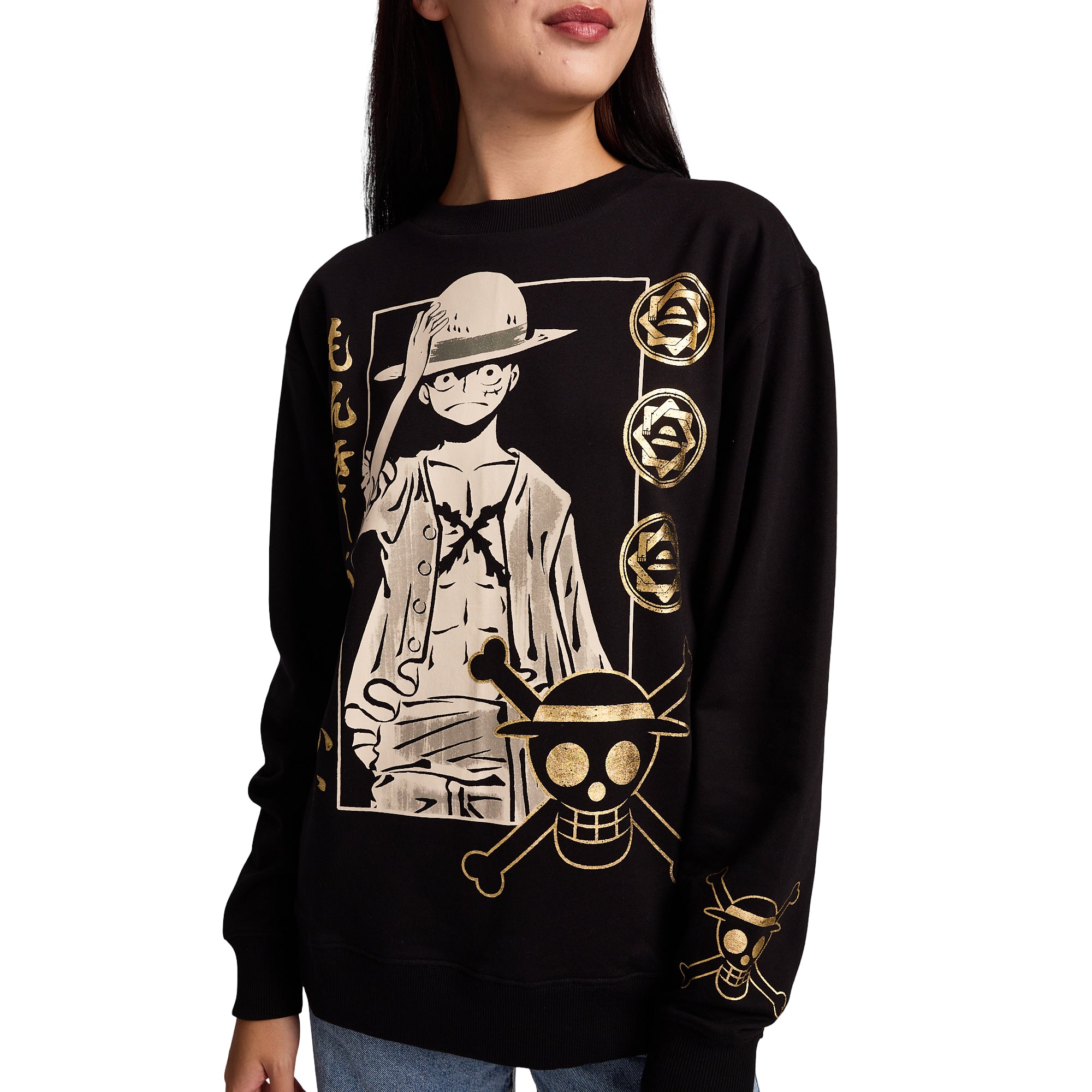 One Piece Luffy Icons Gold Foil Print Women’s Black Crew Neck Long Sleeve Fleece Sweatshirt