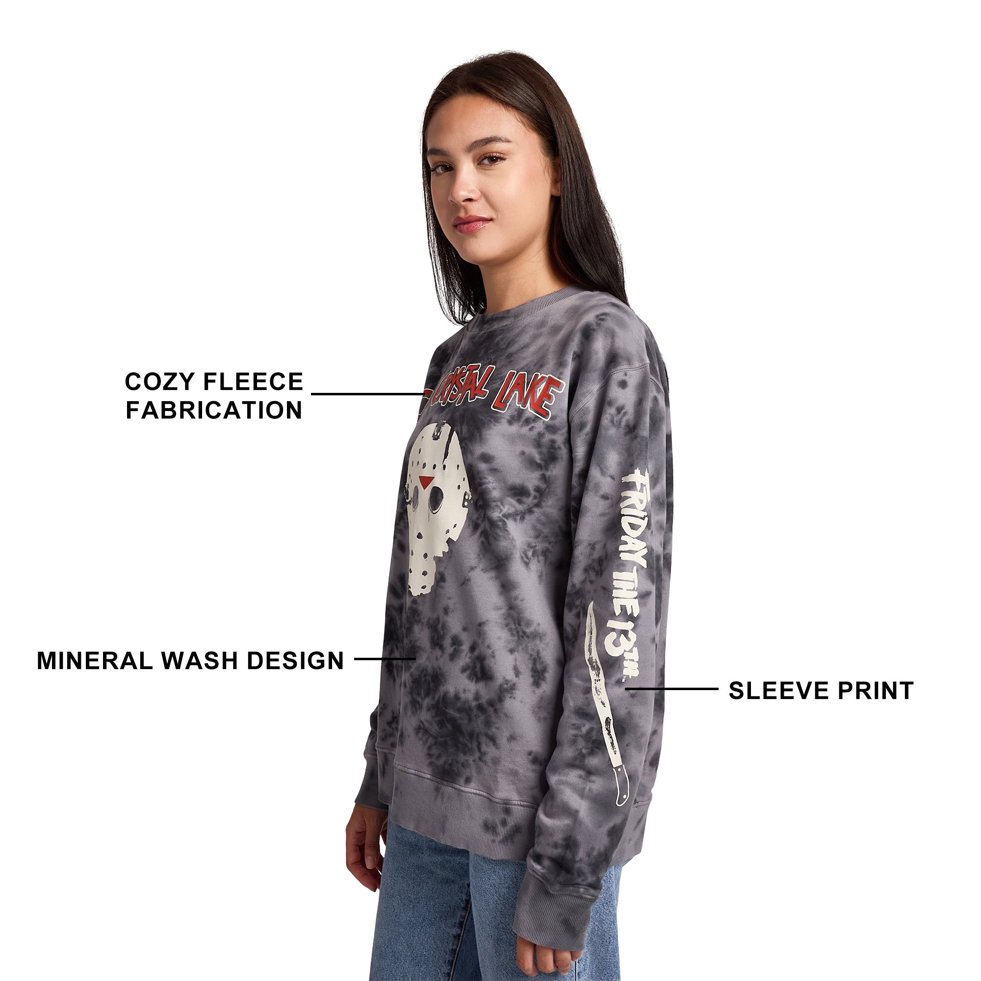 Friday The 13th Camp Crystal Lake Mask Women’s Black Crew Neck Long Sleeve Fleece Sweatshirt