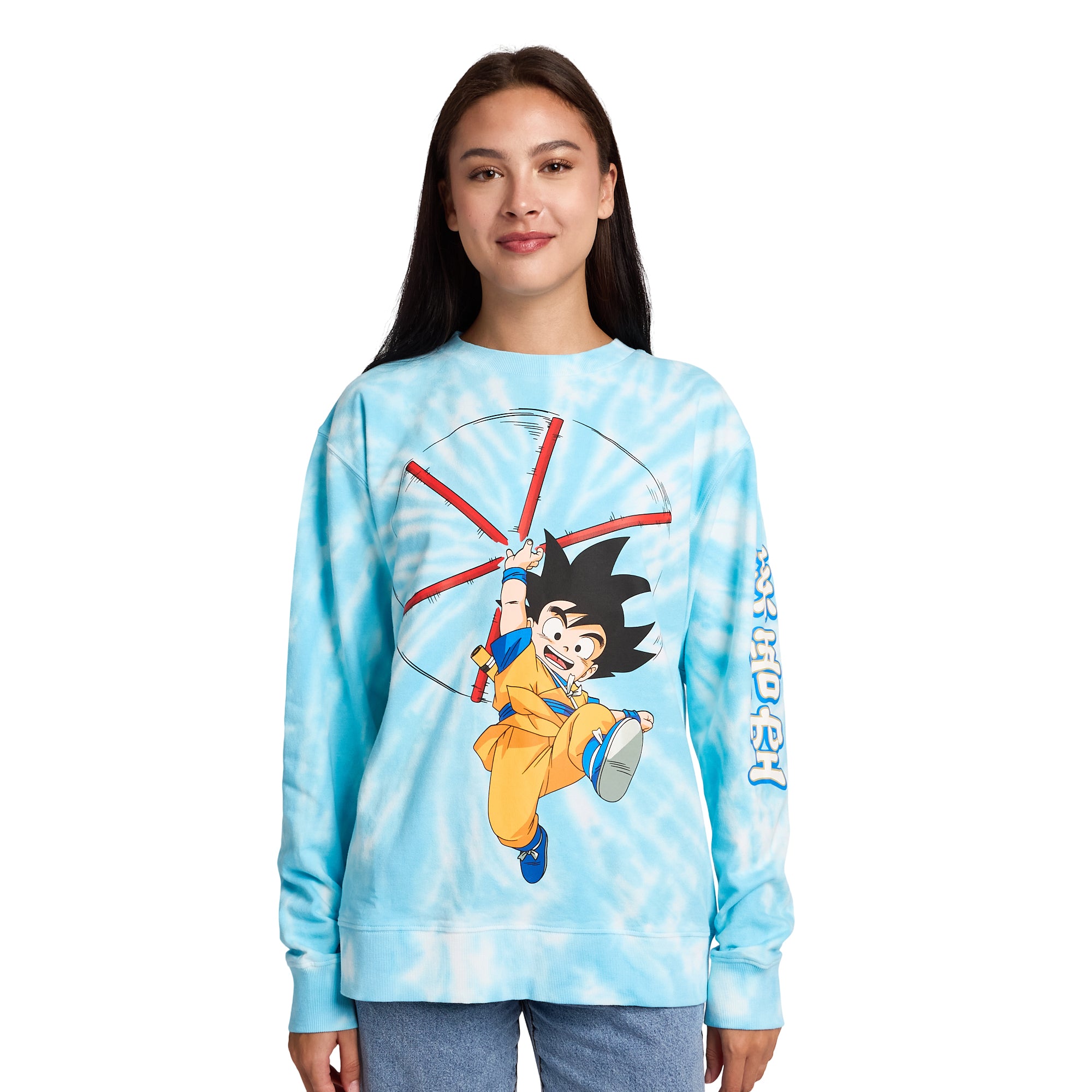 Dragon Ball Daima Goku With Staff Women’s Blue Tie-Dye Crew Neck Long Sleeve Fleece Sweatshirt