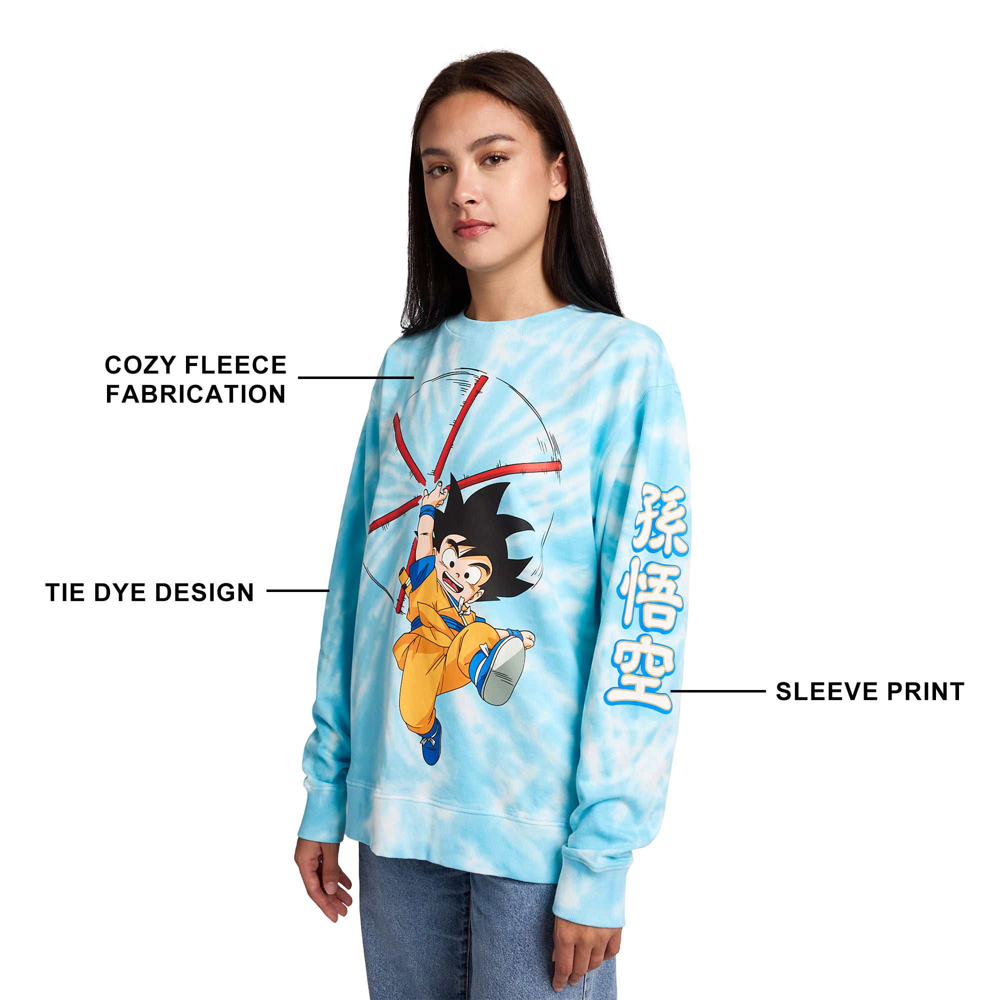Dragon Ball Daima Goku With Staff Women’s Blue Tie-Dye Crew Neck Long Sleeve Fleece Sweatshirt