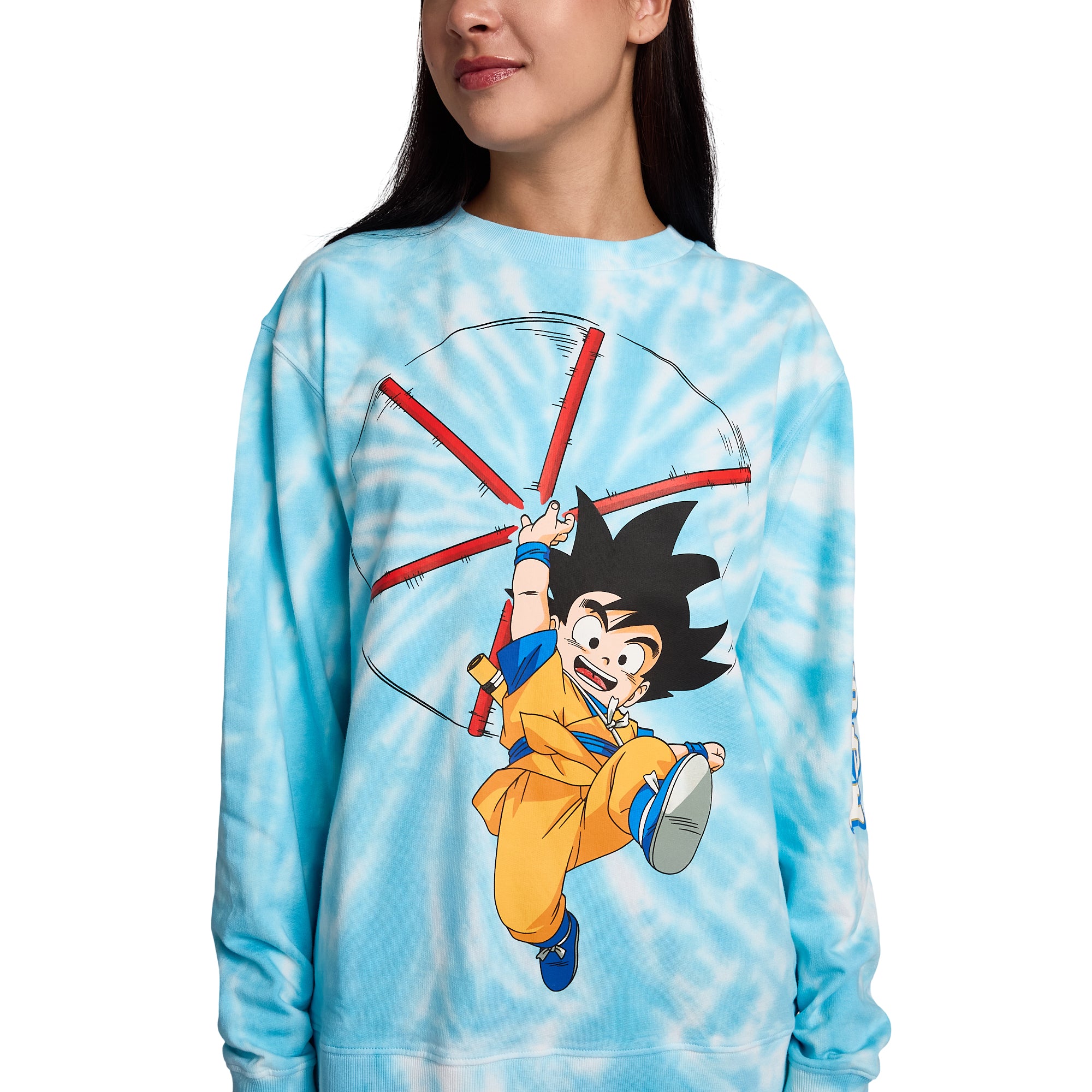 Dragon Ball Daima Goku With Staff Women’s Blue Tie-Dye Crew Neck Long Sleeve Fleece Sweatshirt