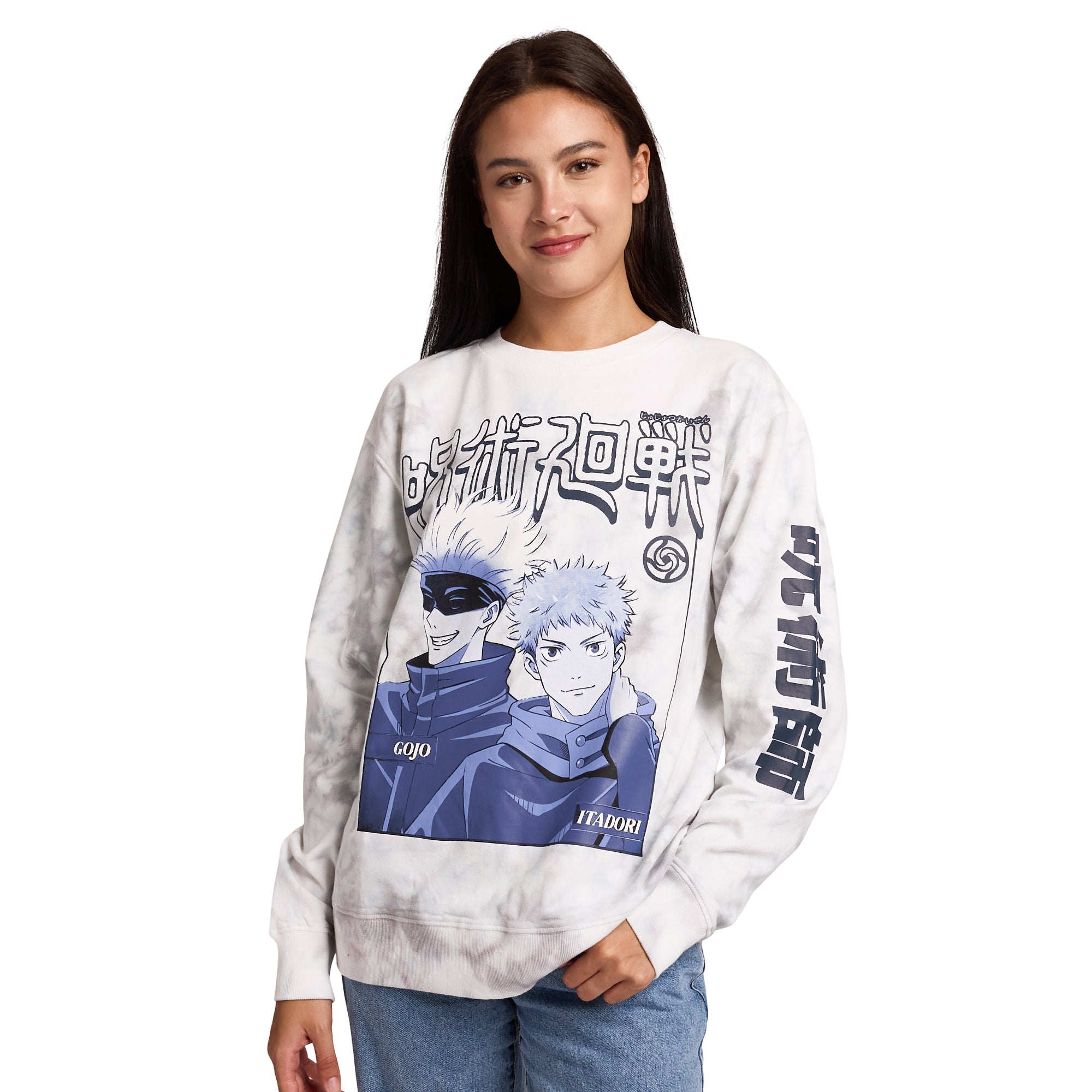 Jujutsu Kaisen Gojo & Itadori Kanji Women’s White Cloud Wash Crew Neck Long Sleeve Fleece Sweatshirt