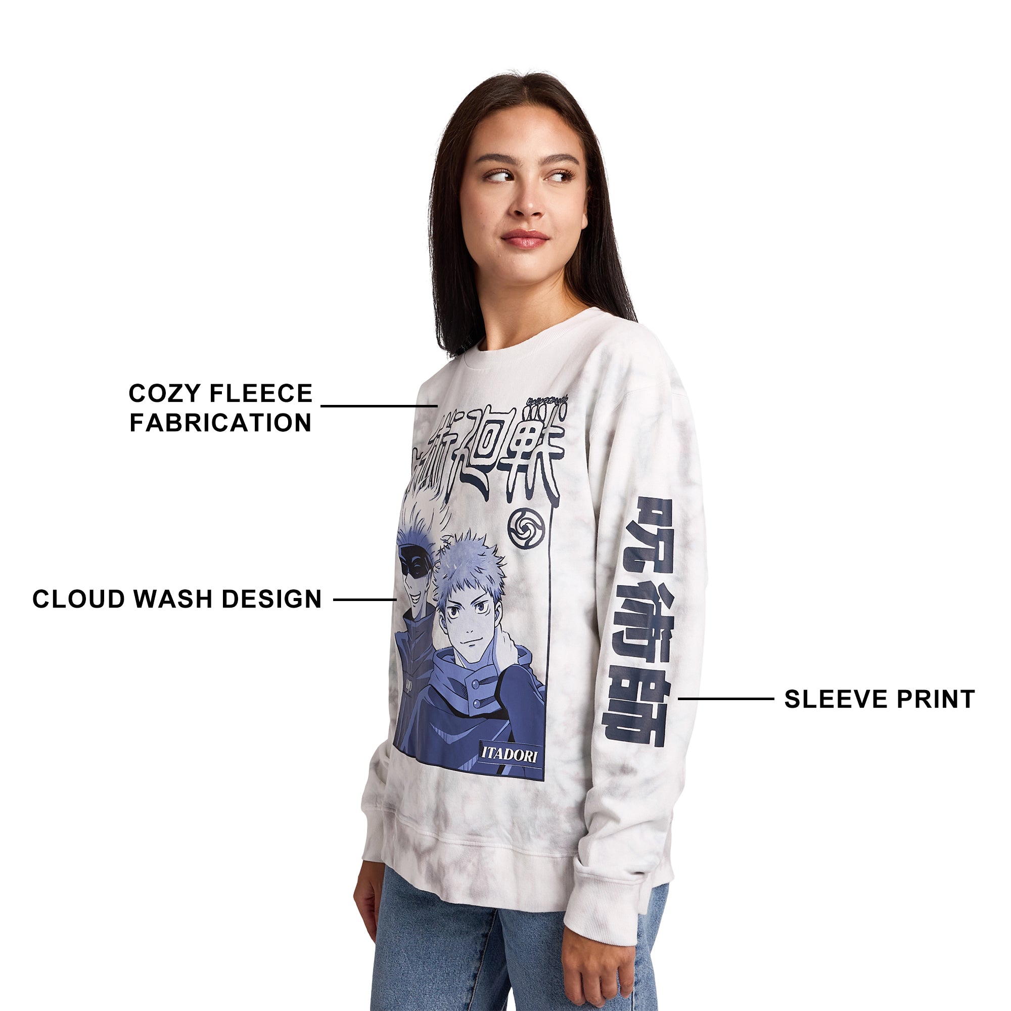 Jujutsu Kaisen Gojo & Itadori Kanji Women’s White Cloud Wash Crew Neck Long Sleeve Fleece Sweatshirt