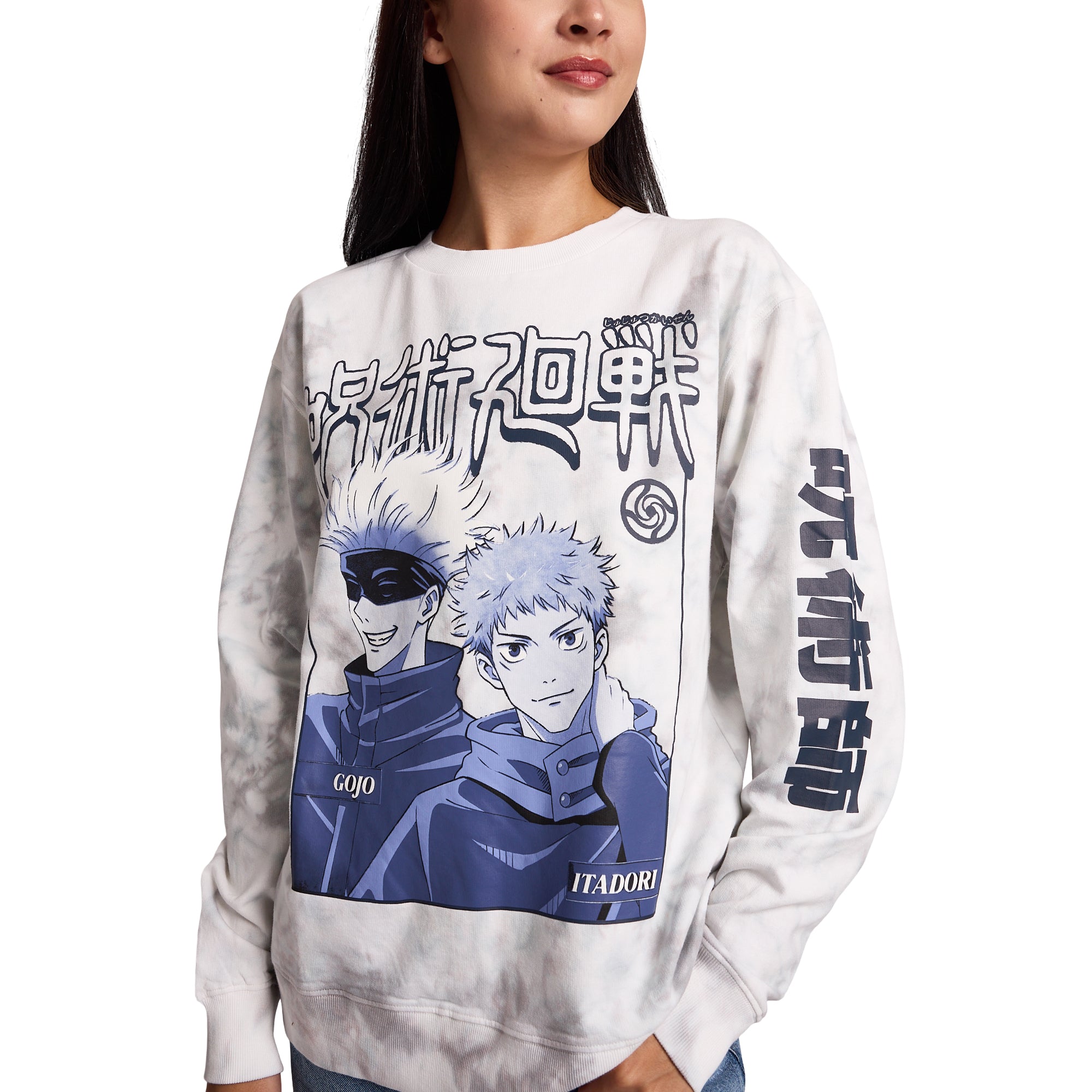 Jujutsu Kaisen Gojo & Itadori Kanji Women’s White Cloud Wash Crew Neck Long Sleeve Fleece Sweatshirt