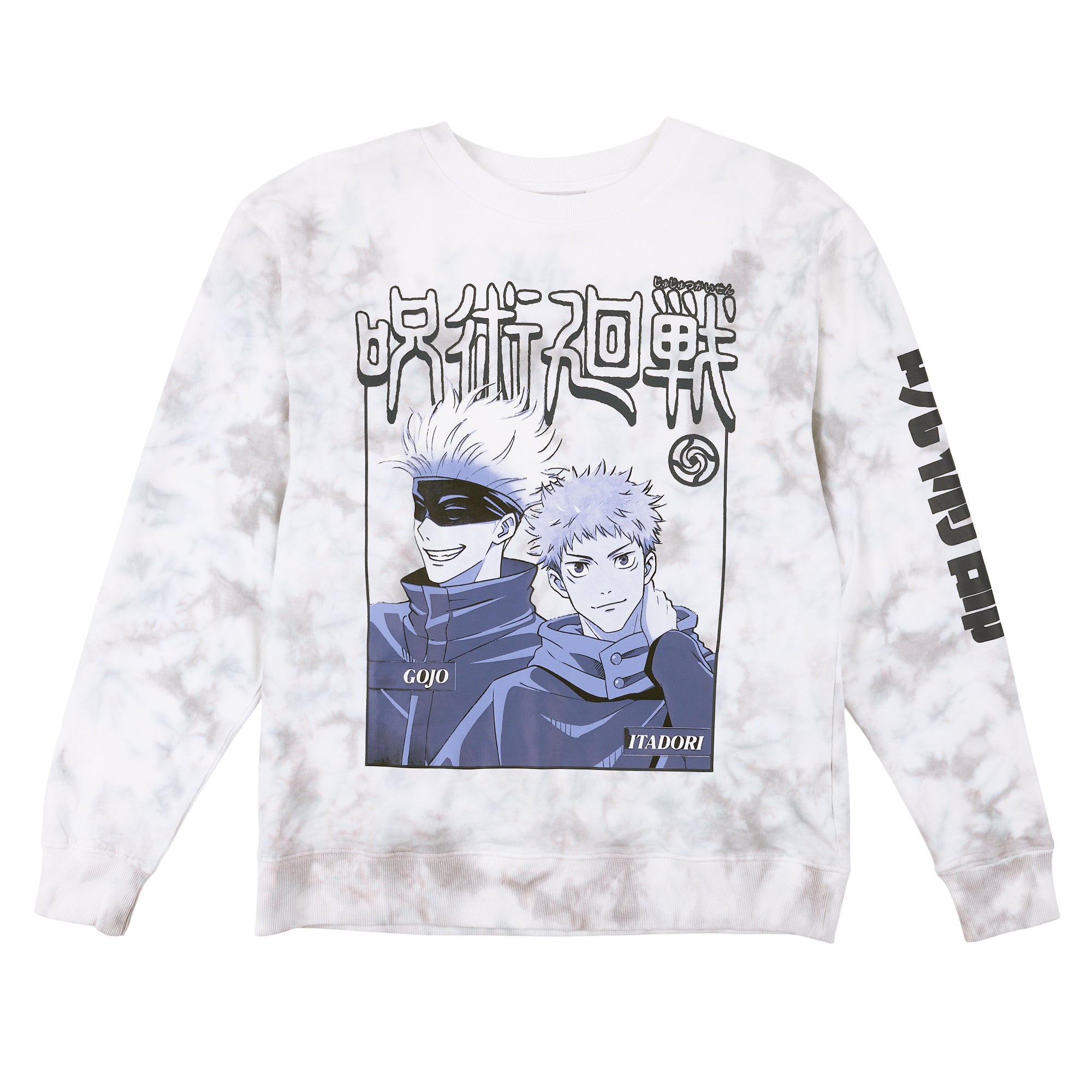 Jujutsu Kaisen Gojo & Itadori Kanji Women’s White Cloud Wash Crew Neck Long Sleeve Fleece Sweatshirt