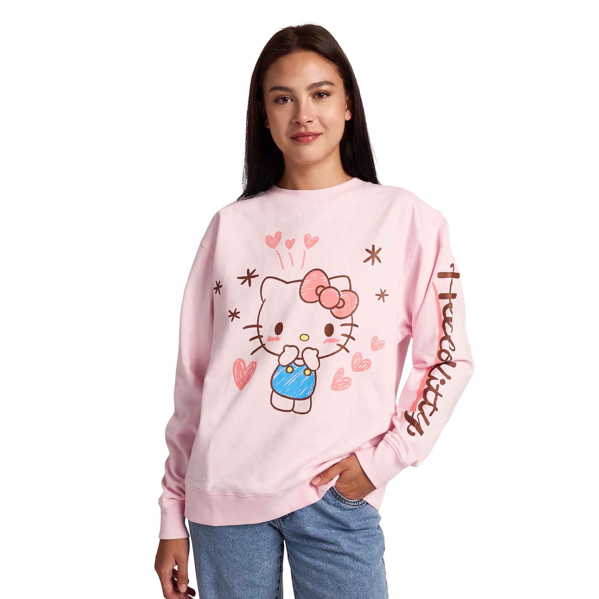 Hello Kitty Hearts & Stars Women’s Cradle Pink Crew Neck Long Sleeve Fleece Sweatshirt