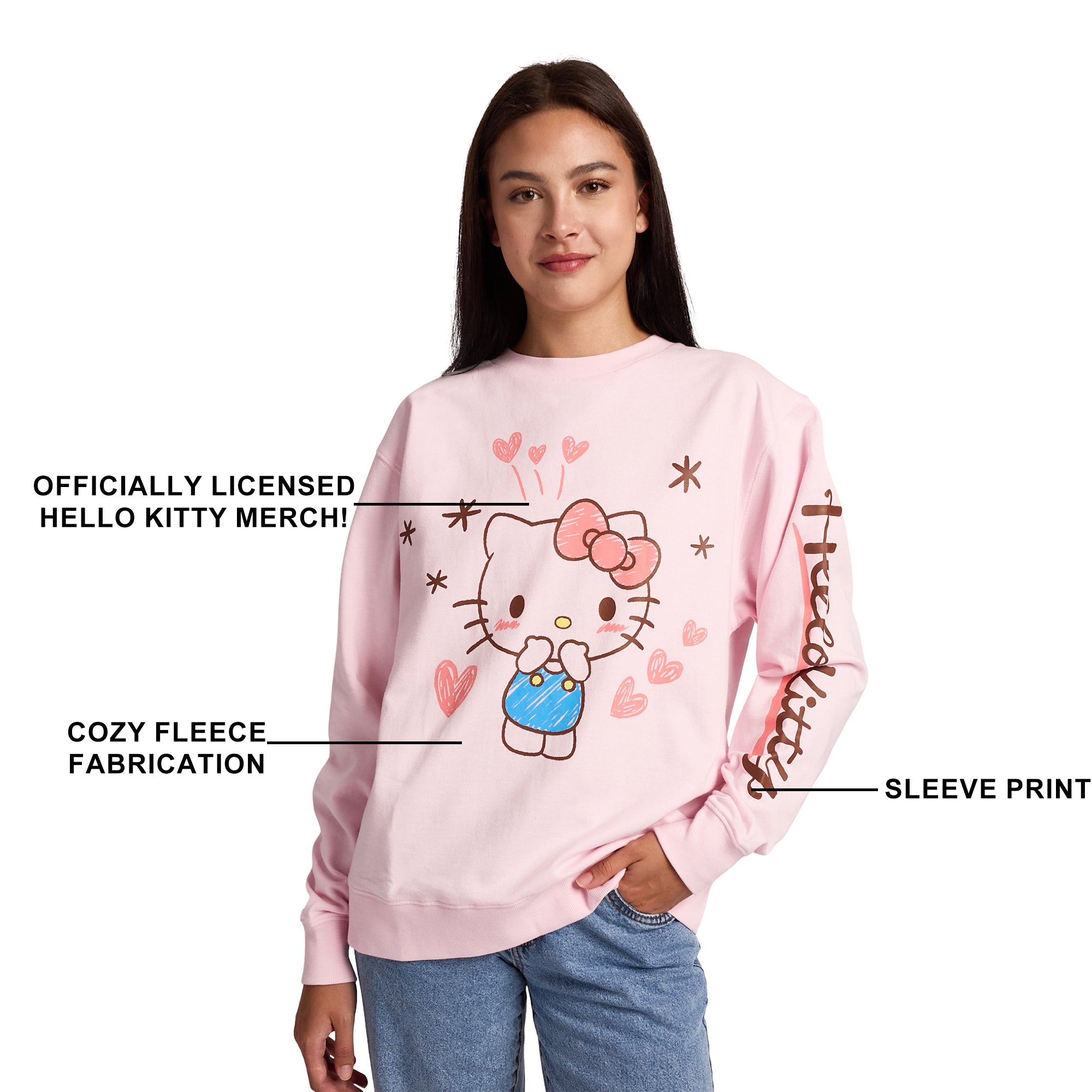 Hello Kitty Hearts & Stars Women’s Cradle Pink Crew Neck Long Sleeve Fleece Sweatshirt