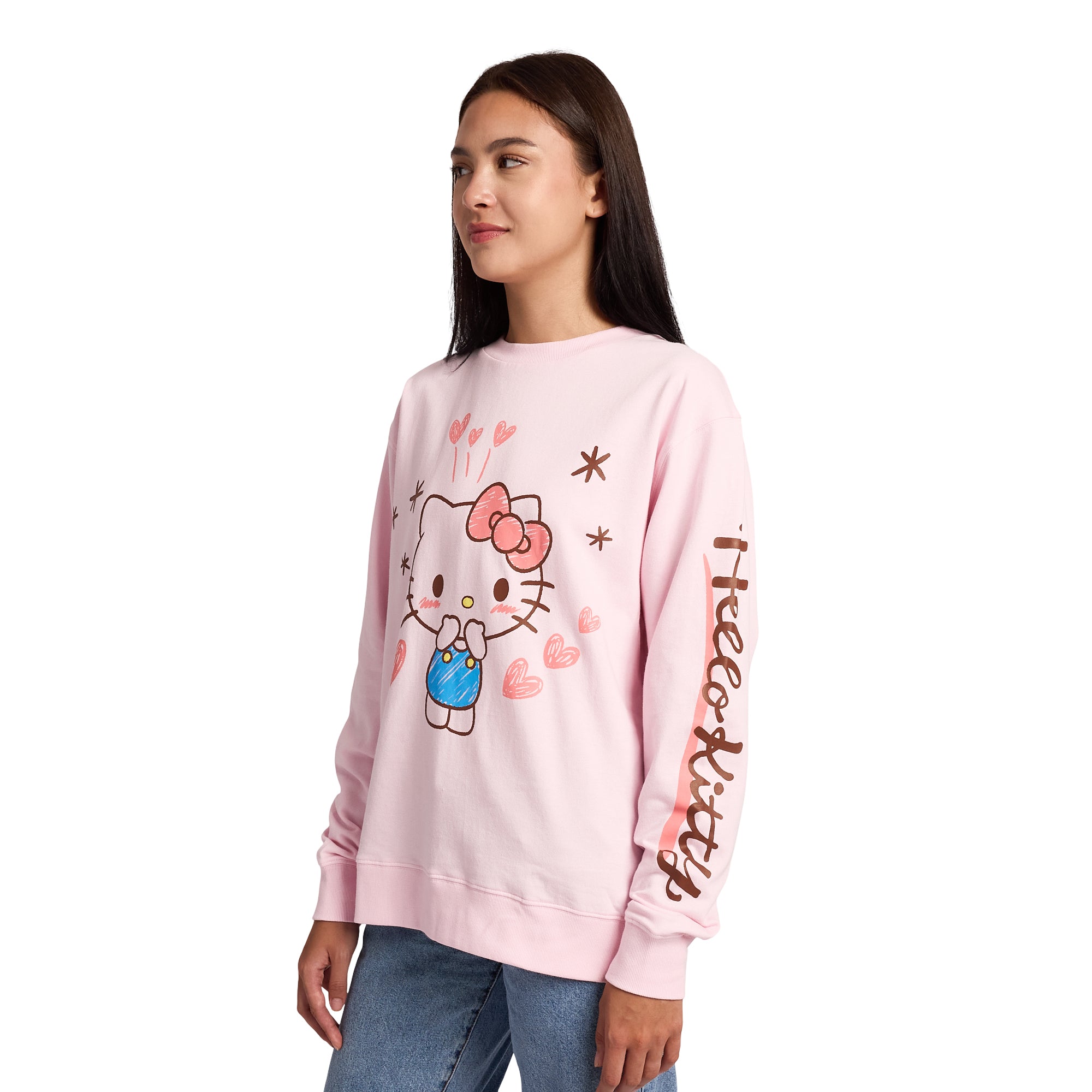 Hello Kitty Hearts & Stars Women’s Cradle Pink Crew Neck Long Sleeve Fleece Sweatshirt