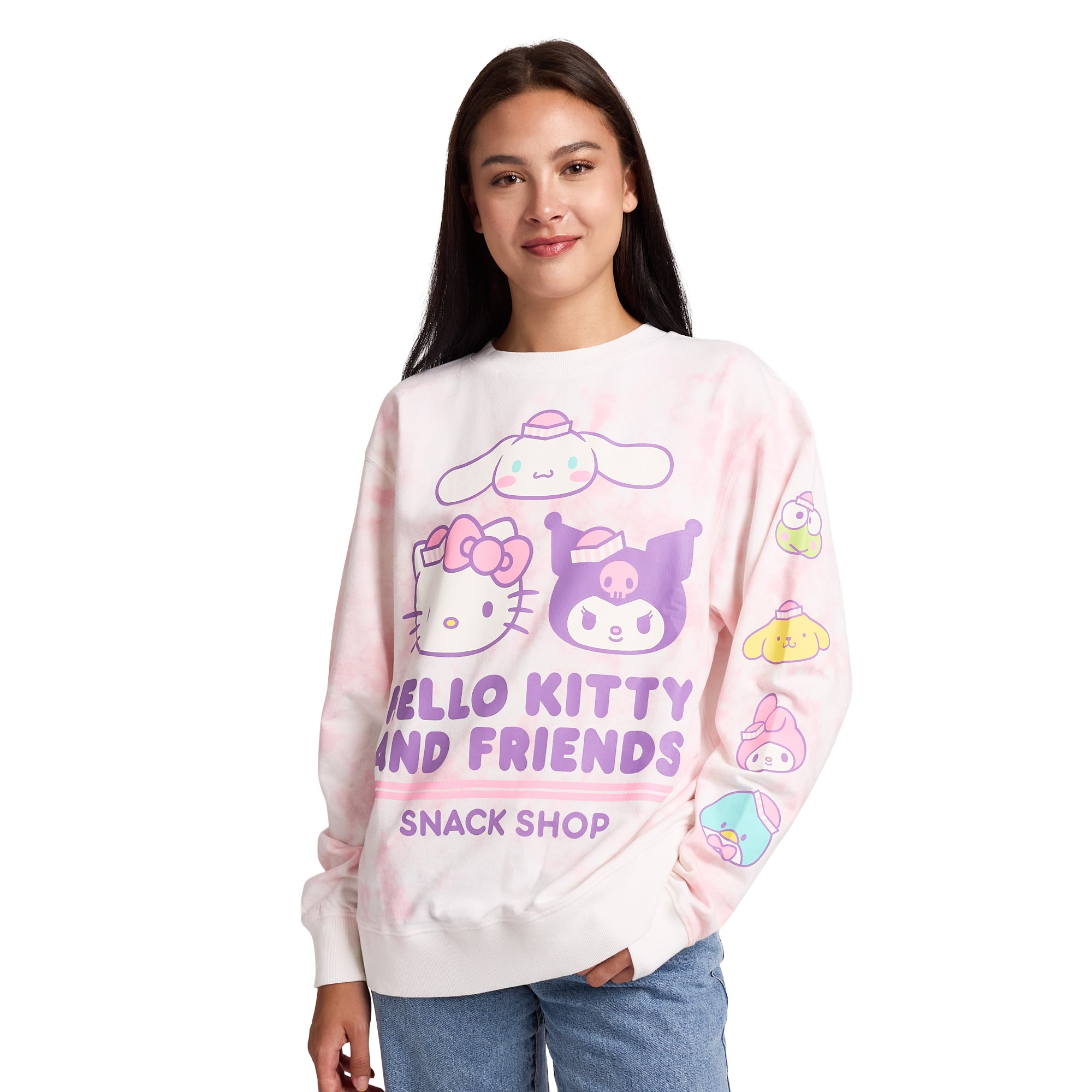 Hello Kitty & Friends Snack Shop Character Faces Women’s Pink Cloud Wash Crew Neck Long Sleeve Fleece Sweatshirt