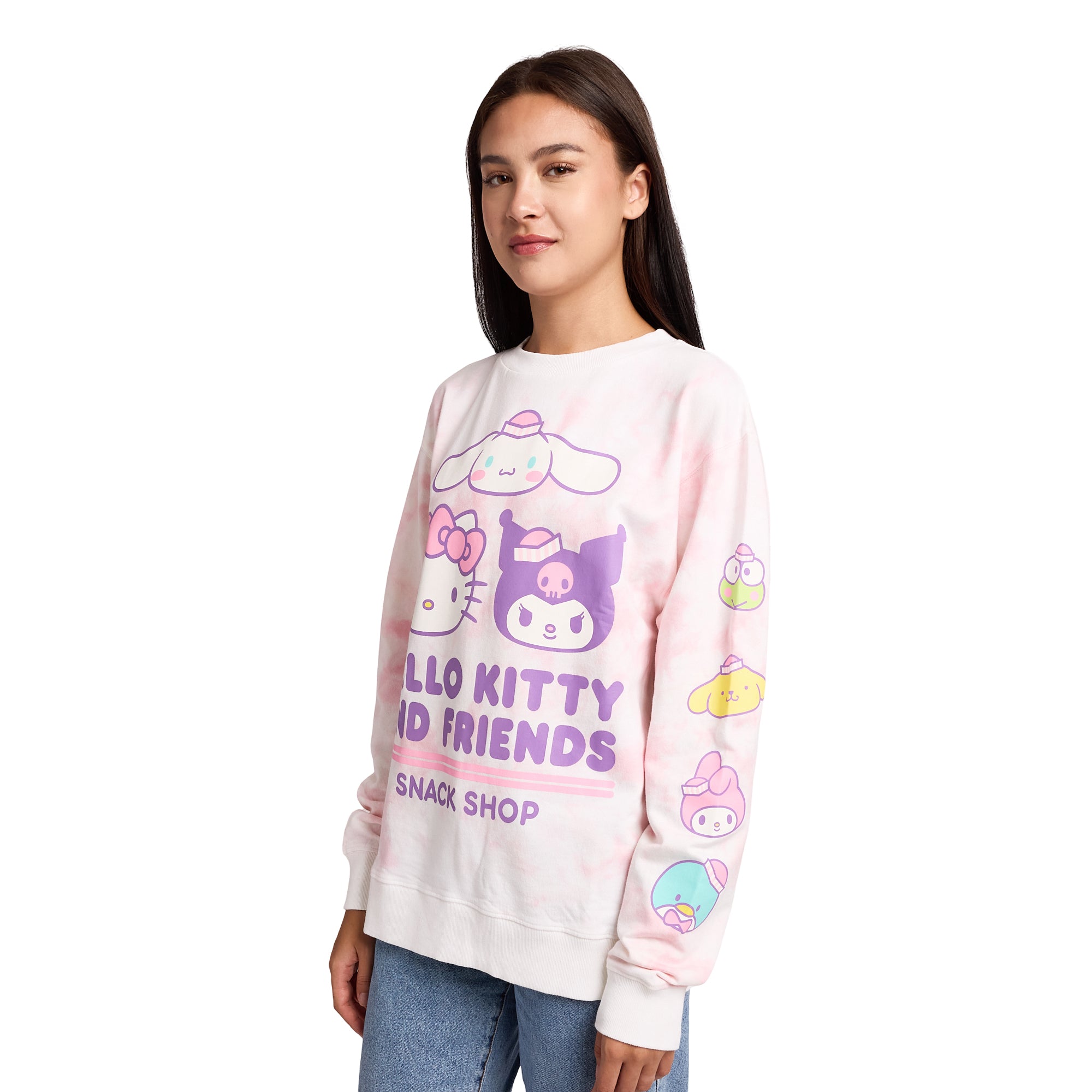 Hello Kitty & Friends Snack Shop Character Faces Women’s Pink Cloud Wash Crew Neck Long Sleeve Fleece Sweatshirt