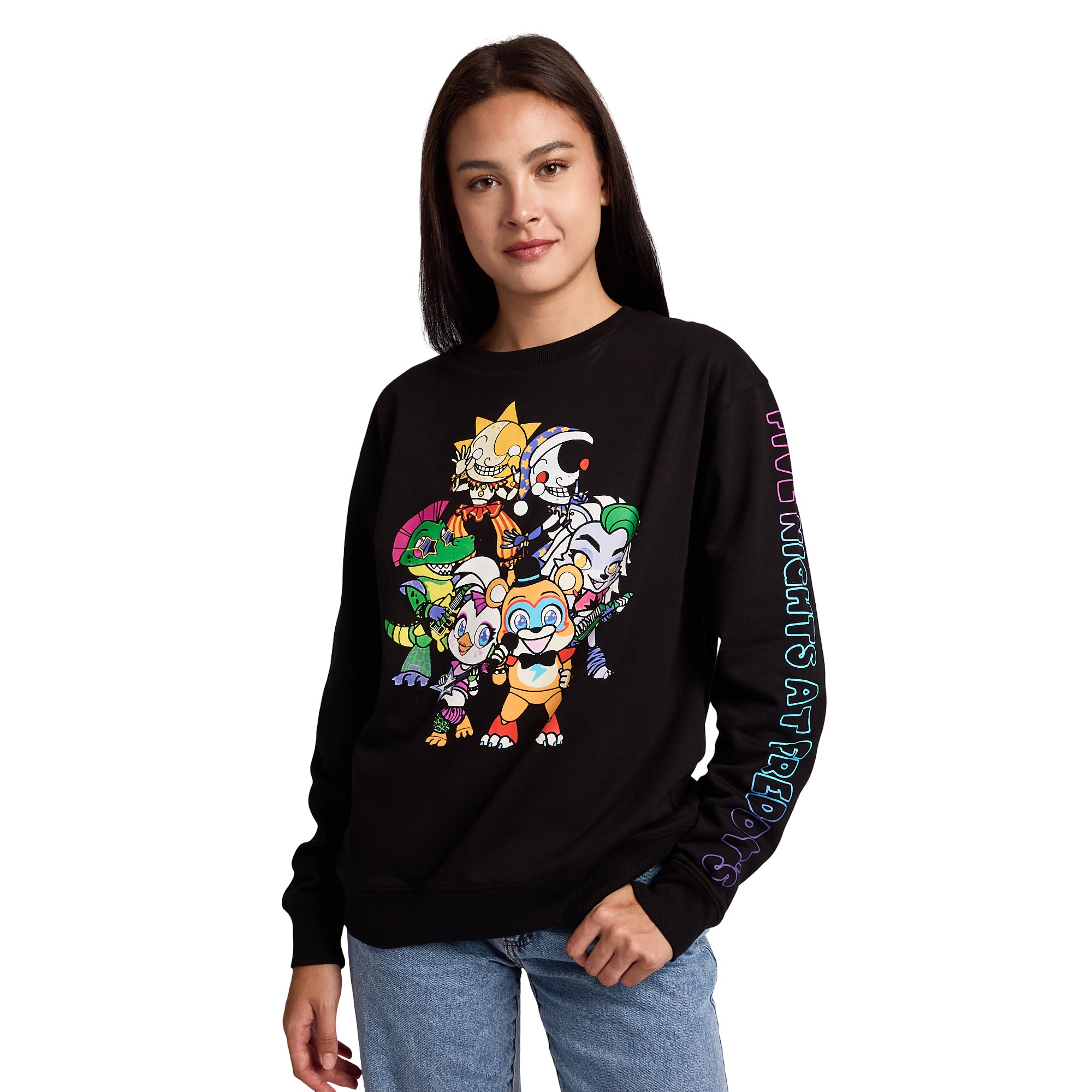 Five Nights At Freddy’s Group Shot Women’s Black Crew Neck Long Sleeve Fleece Sweatshirt