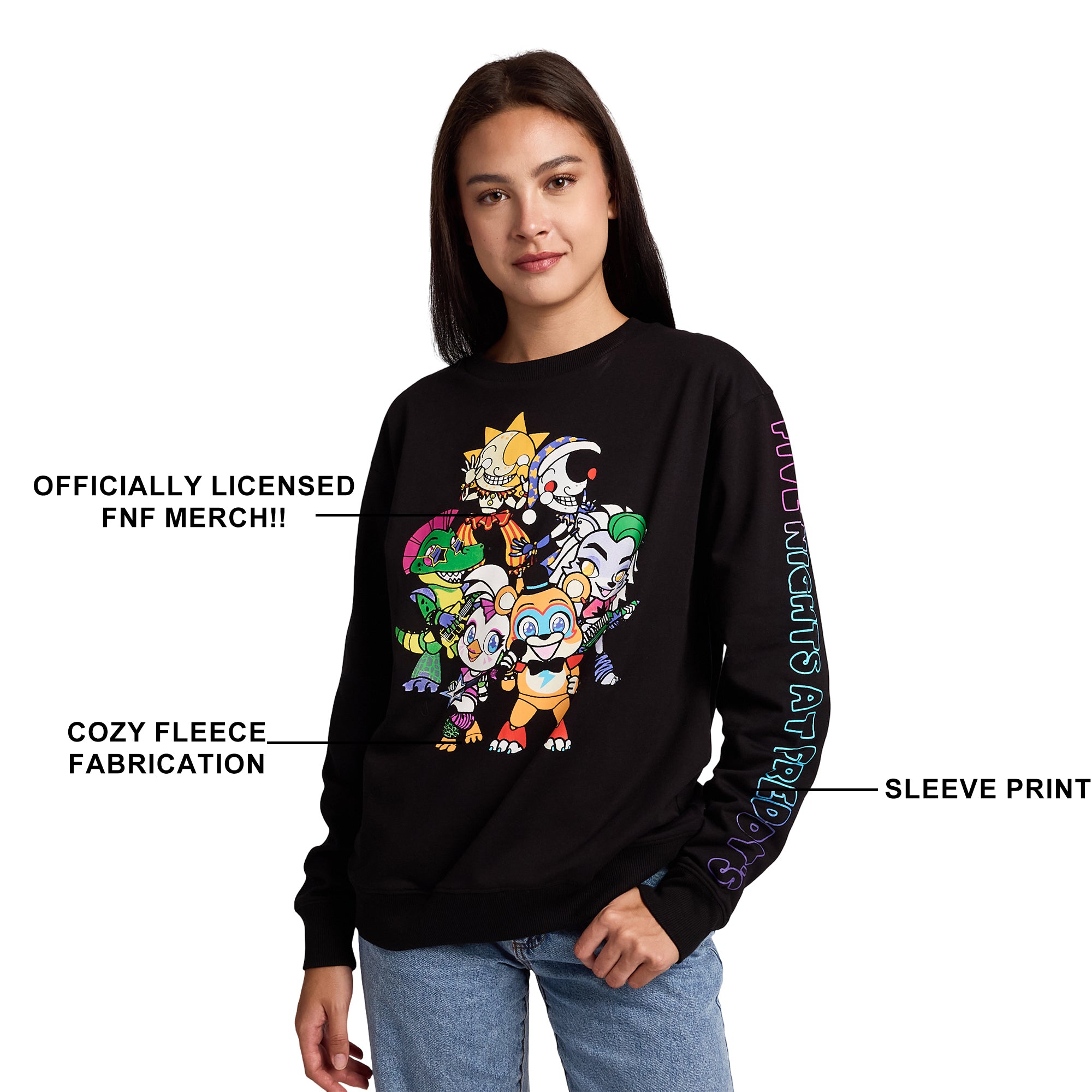 Five Nights At Freddy's Group Shot Women's Black Crew Neck Long Sleeve Fleece Sweatshirt