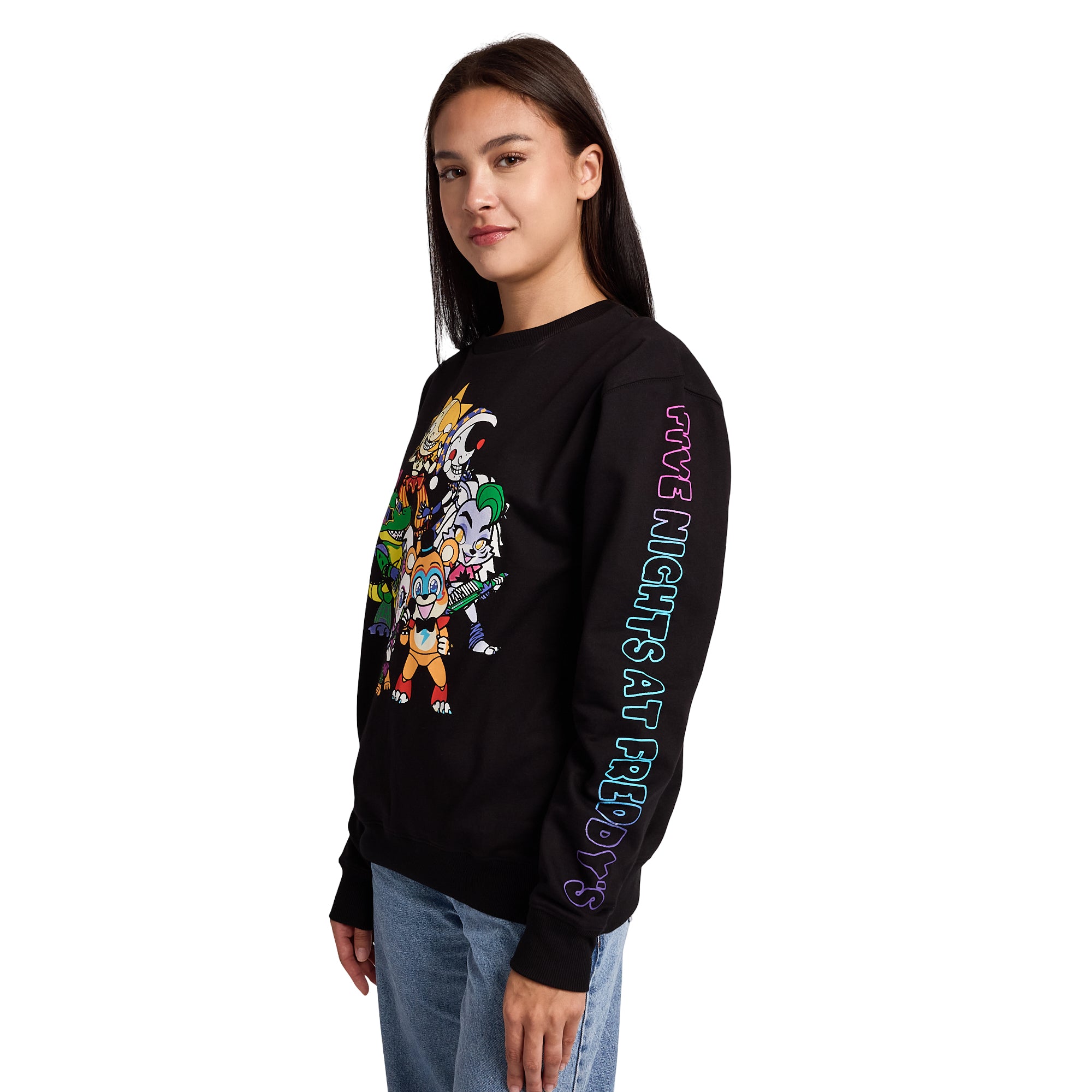 Five Nights At Freddy's Group Shot Women's Black Crew Neck Long Sleeve Fleece Sweatshirt