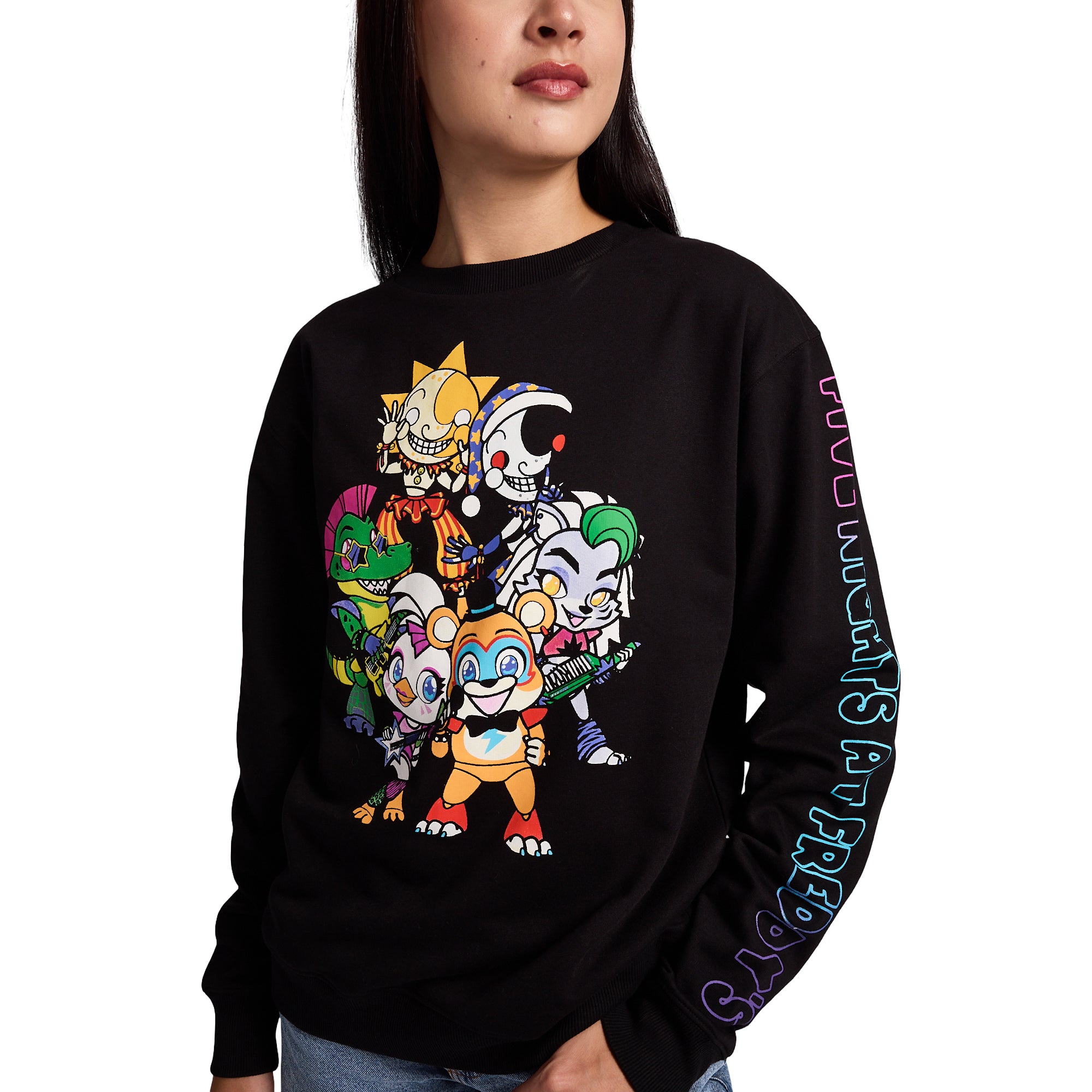 Five Nights At Freddy's Group Shot Women's Black Crew Neck Long Sleeve Fleece Sweatshirt