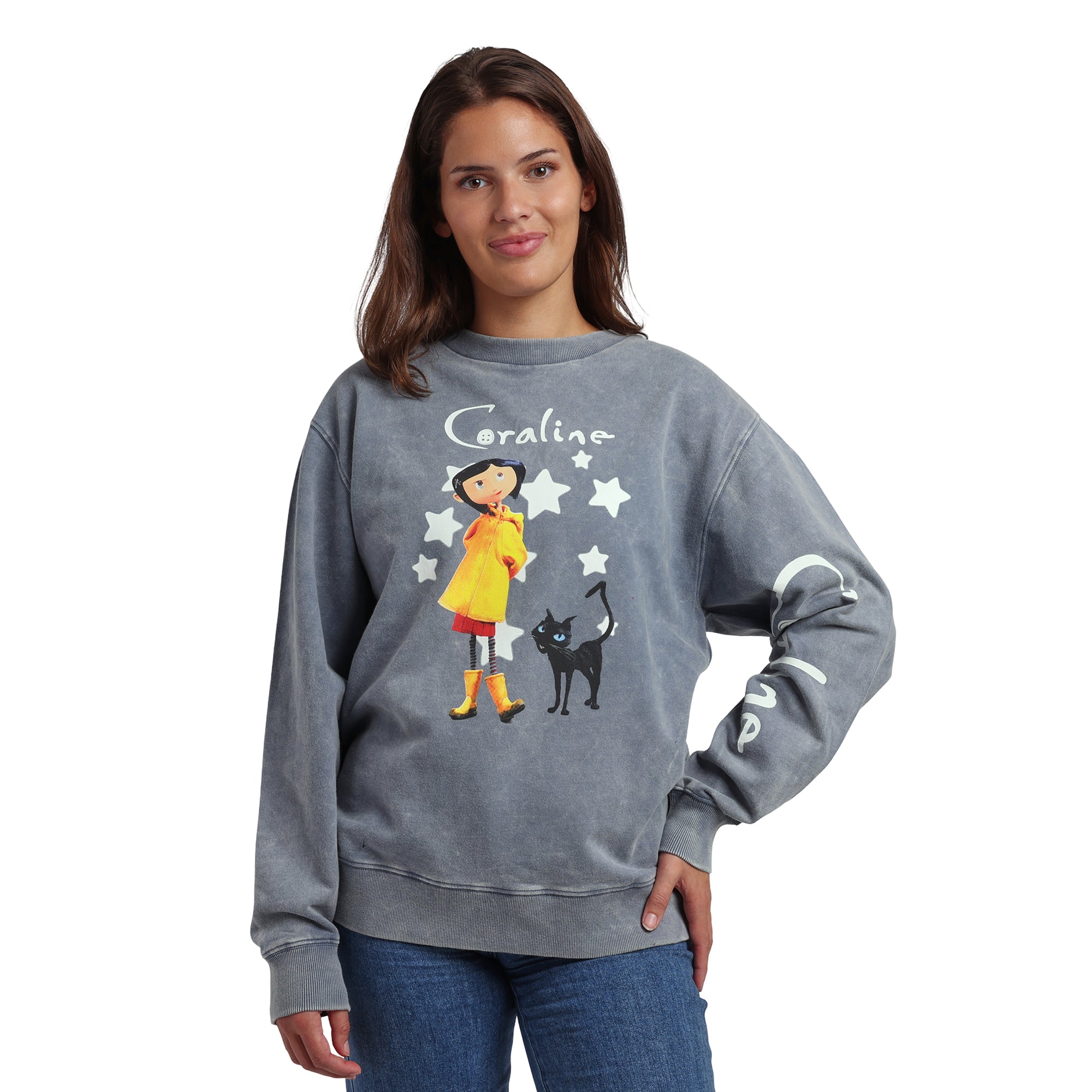 Coraline Logo Women’s Gray Mineral Wash Crew Neck Long Sleeve Sweatshirt