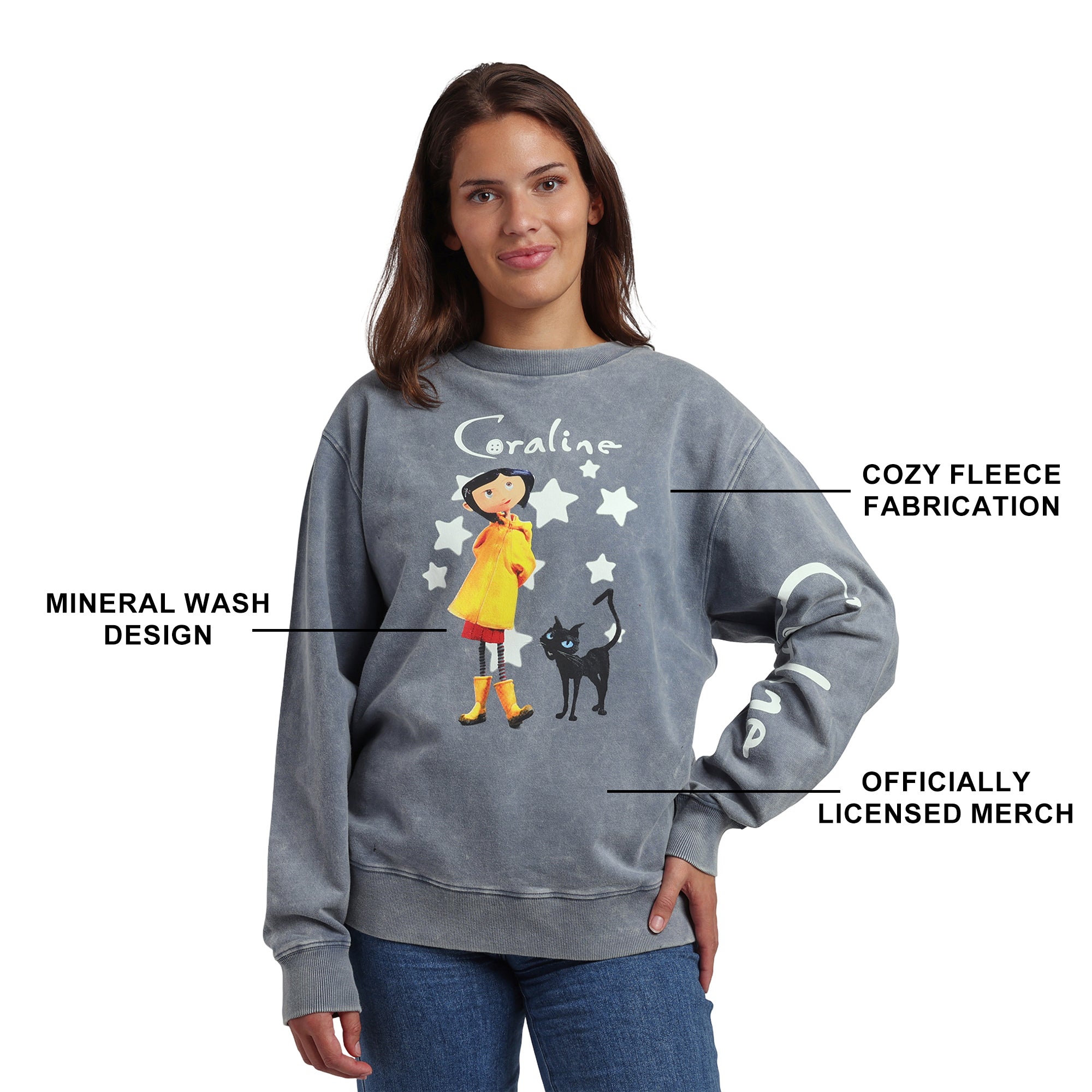 Coraline Logo Women’s Gray Mineral Wash Crew Neck Long Sleeve Sweatshirt