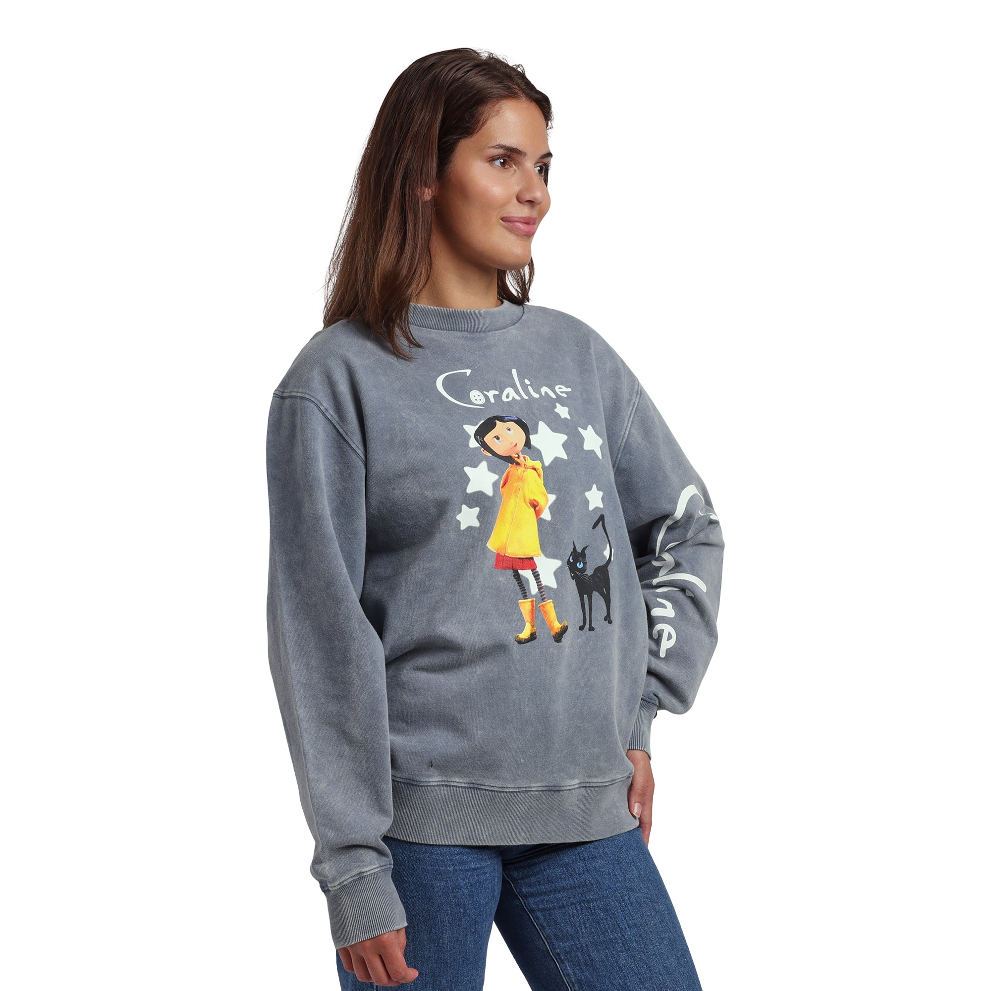 Coraline Logo Women’s Gray Mineral Wash Crew Neck Long Sleeve Sweatshirt