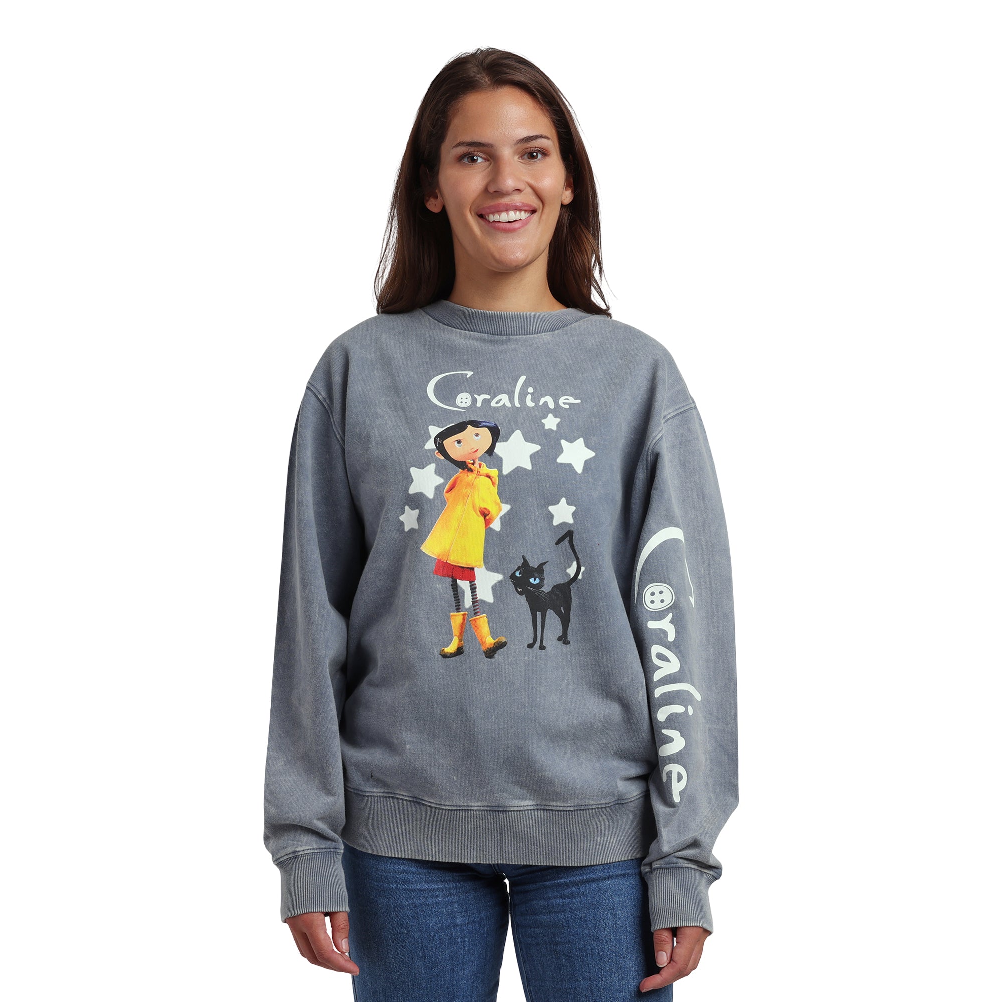 Coraline Logo Women’s Gray Mineral Wash Crew Neck Long Sleeve Sweatshirt