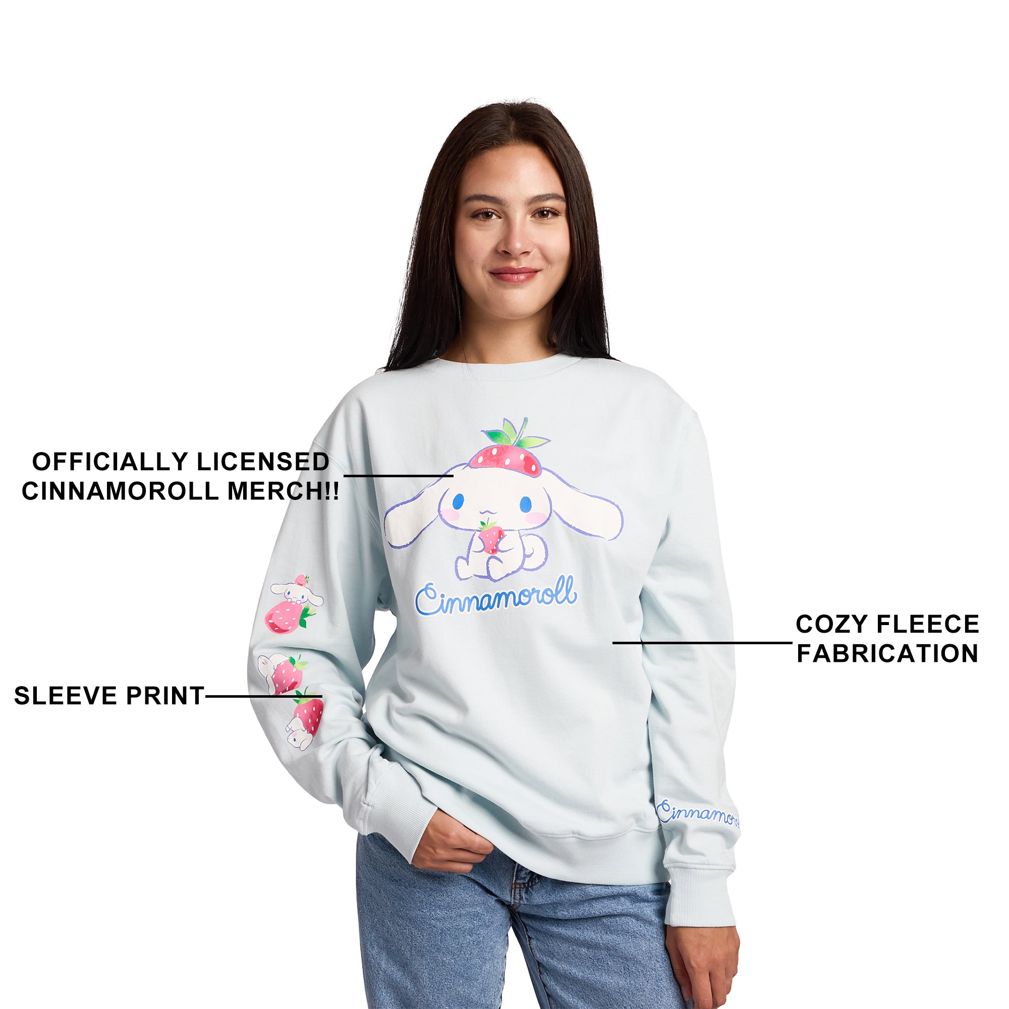 Cinnamoroll Strawberries Women's Light Blue Crew Neck Long Sleeve Fleece Sweatshirt