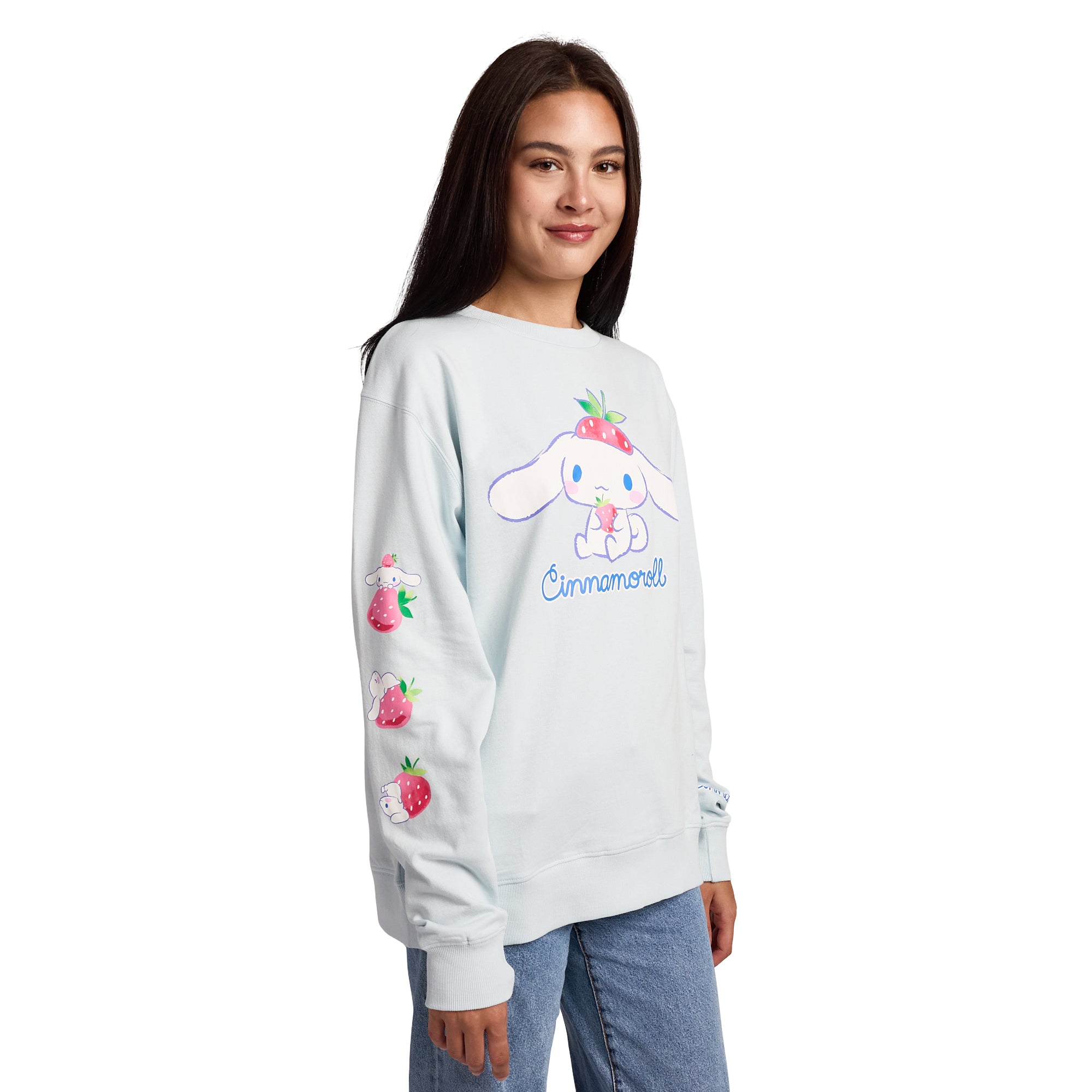 Cinnamoroll Strawberries Women's Light Blue Crew Neck Long Sleeve Fleece Sweatshirt
