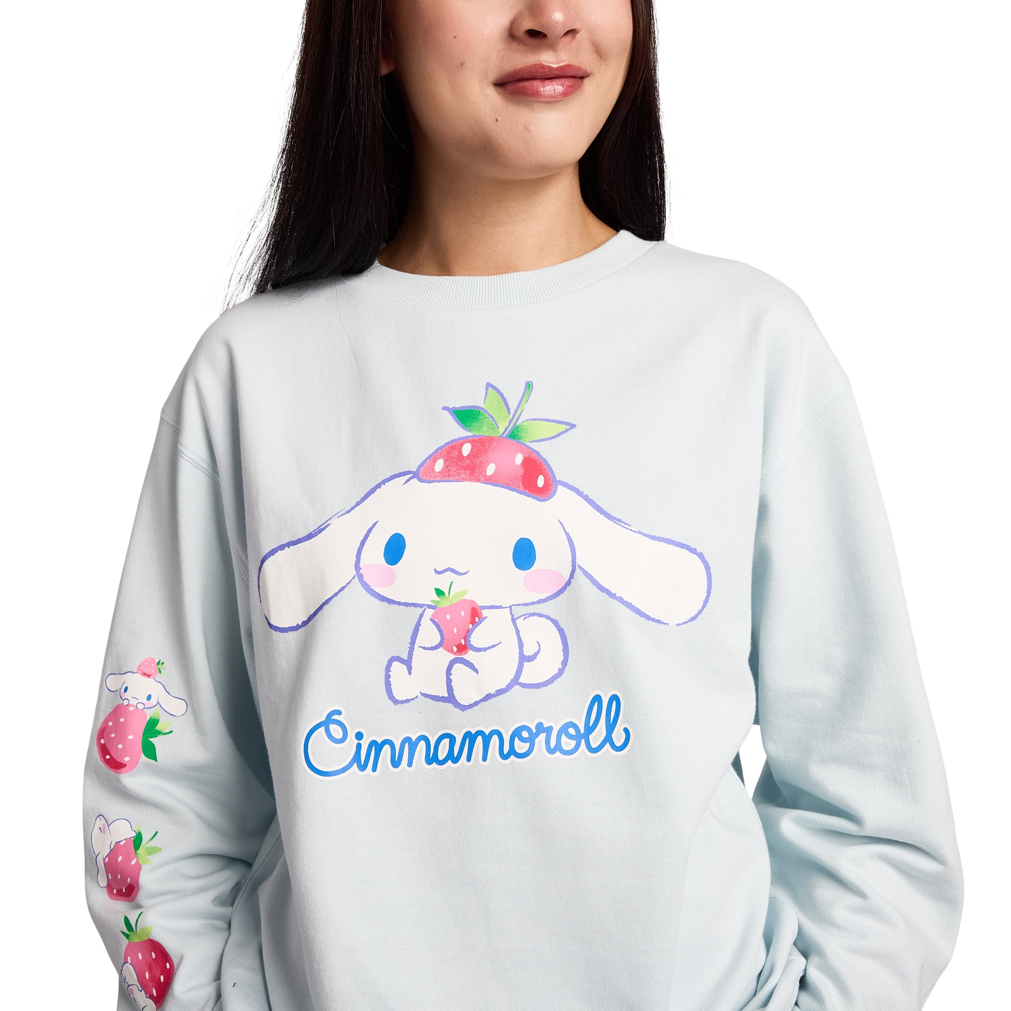 Cinnamoroll Strawberries Women's Light Blue Crew Neck Long Sleeve Fleece Sweatshirt