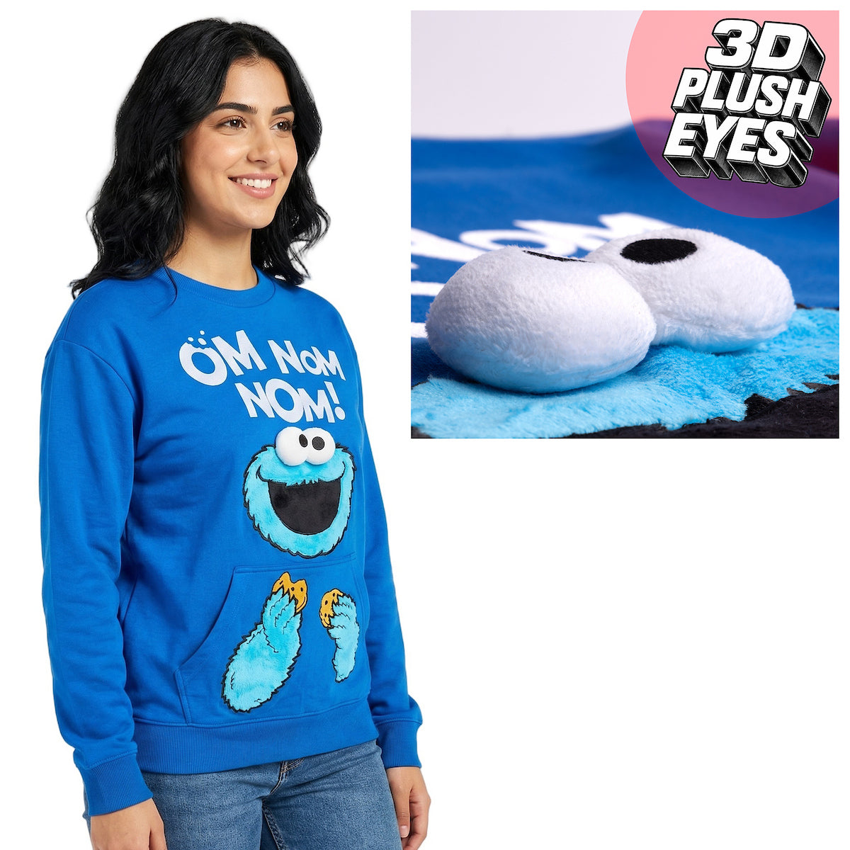 Sesame Street Cookie Monster Om Nom Nom Women's Blue Crew Neck Long Sleeve Sweatshirt