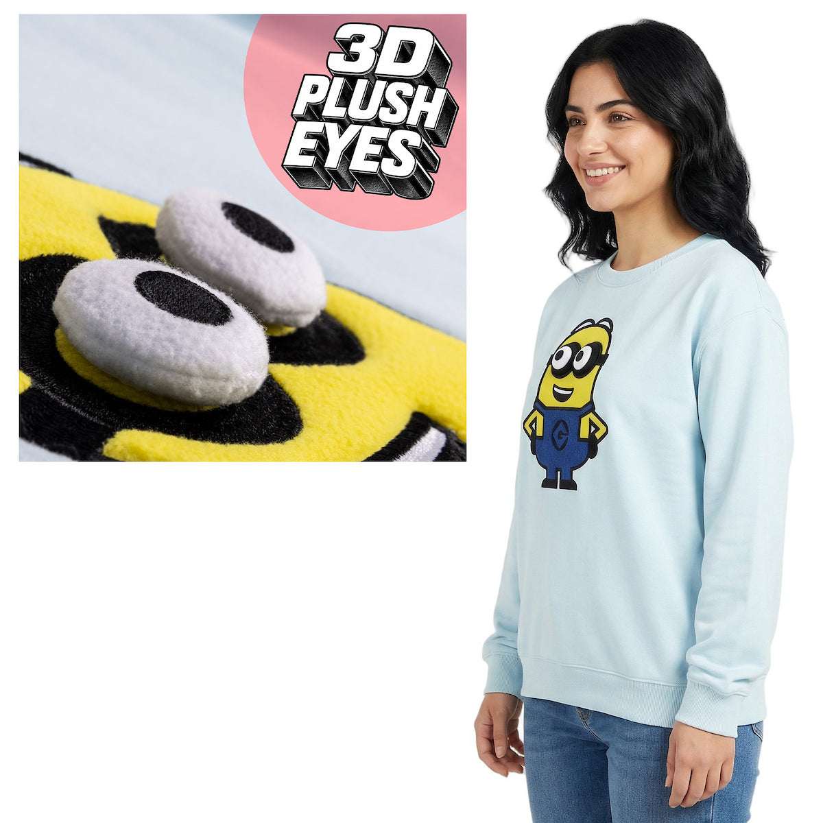 Minions Character Women's Blue Crew Neck Long Sleeve Sweatshirt