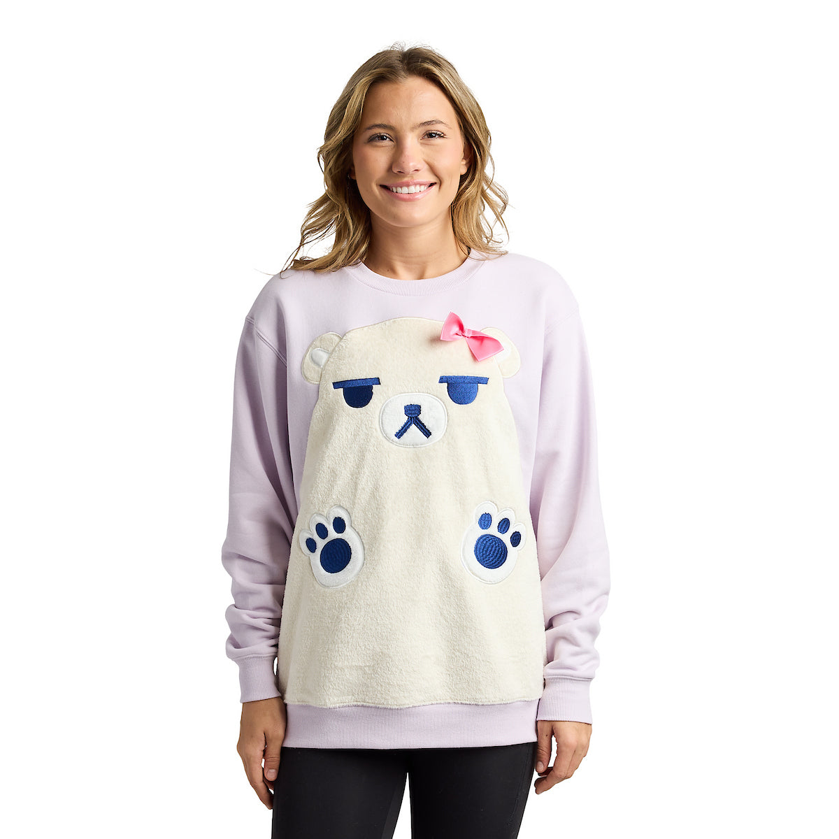 KPop Demon Hunters Mira Cosplay Applique 3D Bow Lavender Women's Black Crew Neck Long Sleeve Sweatshirt