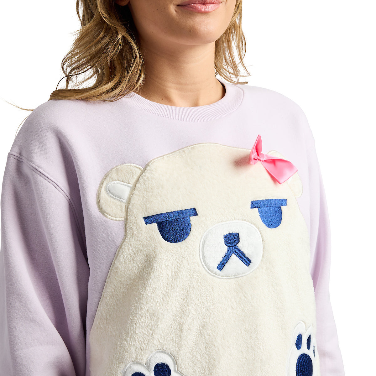 KPop Demon Hunters Mira Cosplay Applique 3D Bow Lavender Women's Black Crew Neck Long Sleeve Sweatshirt