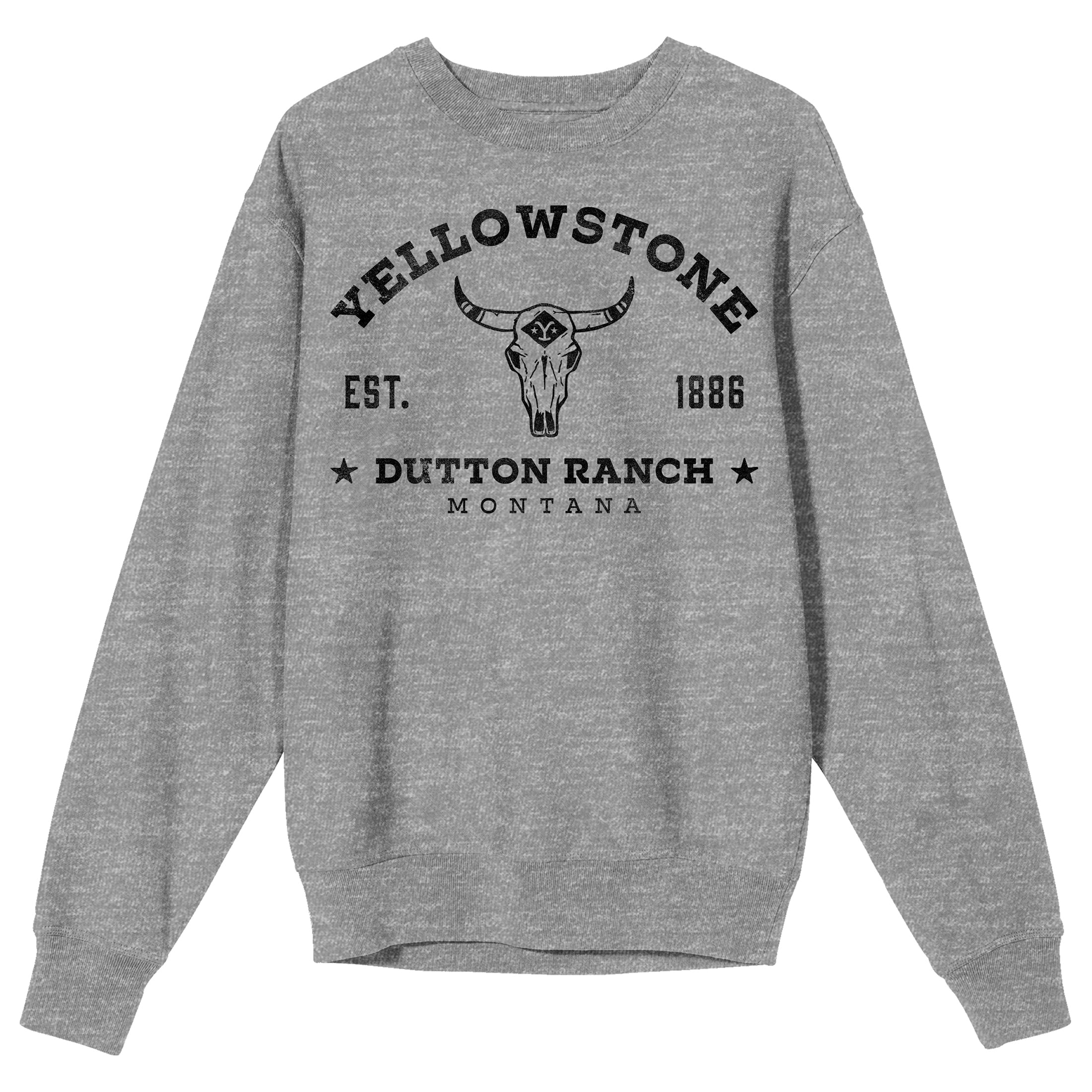 Yellowstone Collegiate Text With Cow Skull Crew Neck Long Sleeve Athletic Heather Adult Sweatshirt