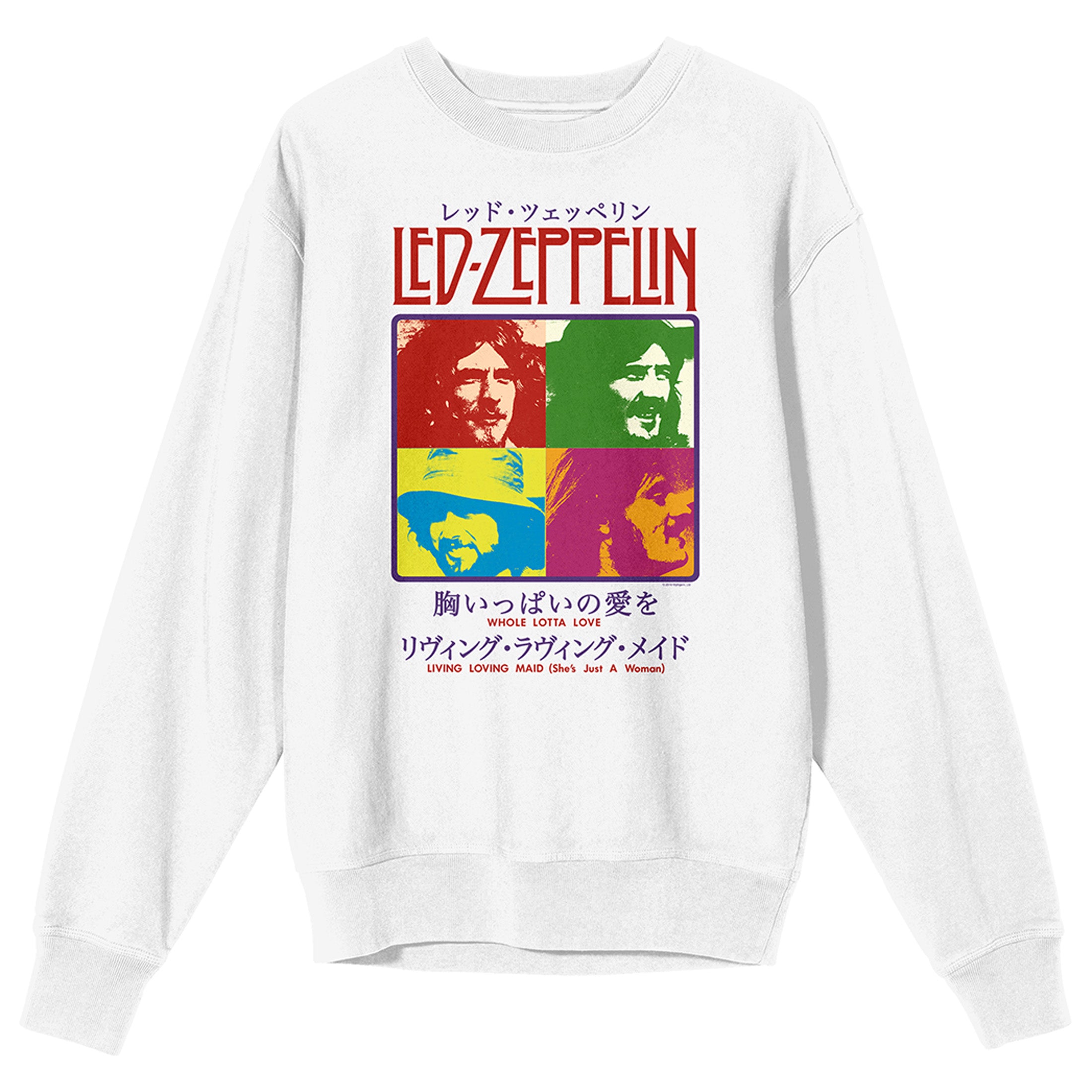 Led Zeppelin Colorful Band Member Squares Crew Neck Long Sleeve White Adult Sweatshirt-XL