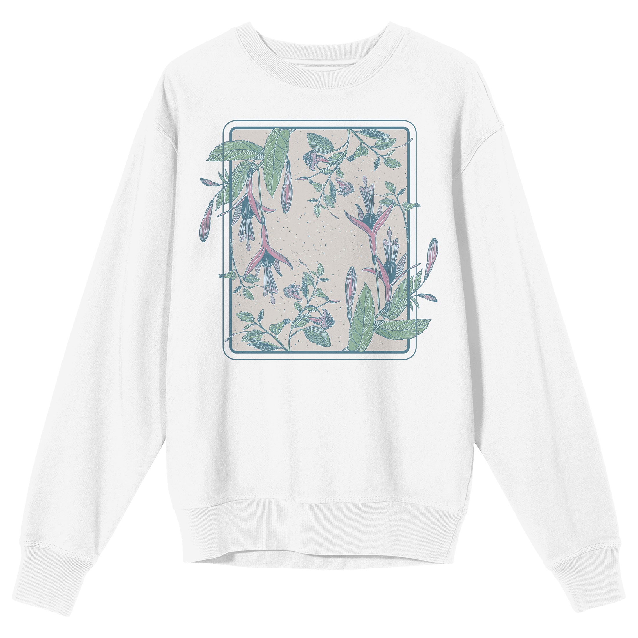 Fuchsia Flower Crew Neck Long Sleeve White Adult Sweatshirt