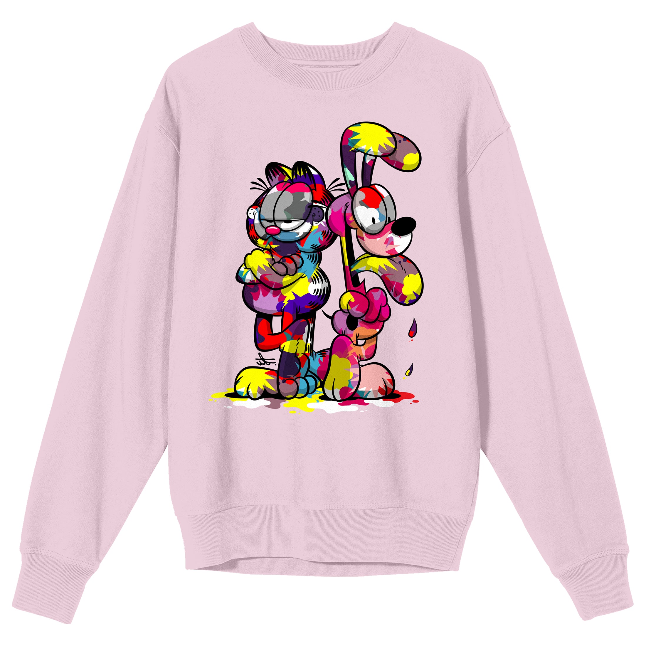 Garfield Paint-Stained Garfield & Odie Crew Neck Long Sleeve Cradle Pink Adult Sweatshirt