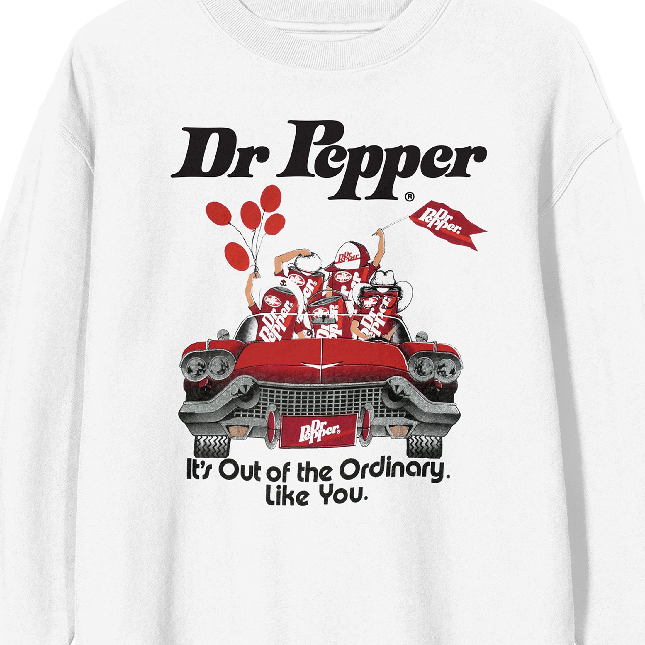 Dr. Pepper It's Out Of The Ordinary Car Graphic Crew Neck Long Sleeve White Adult Tee