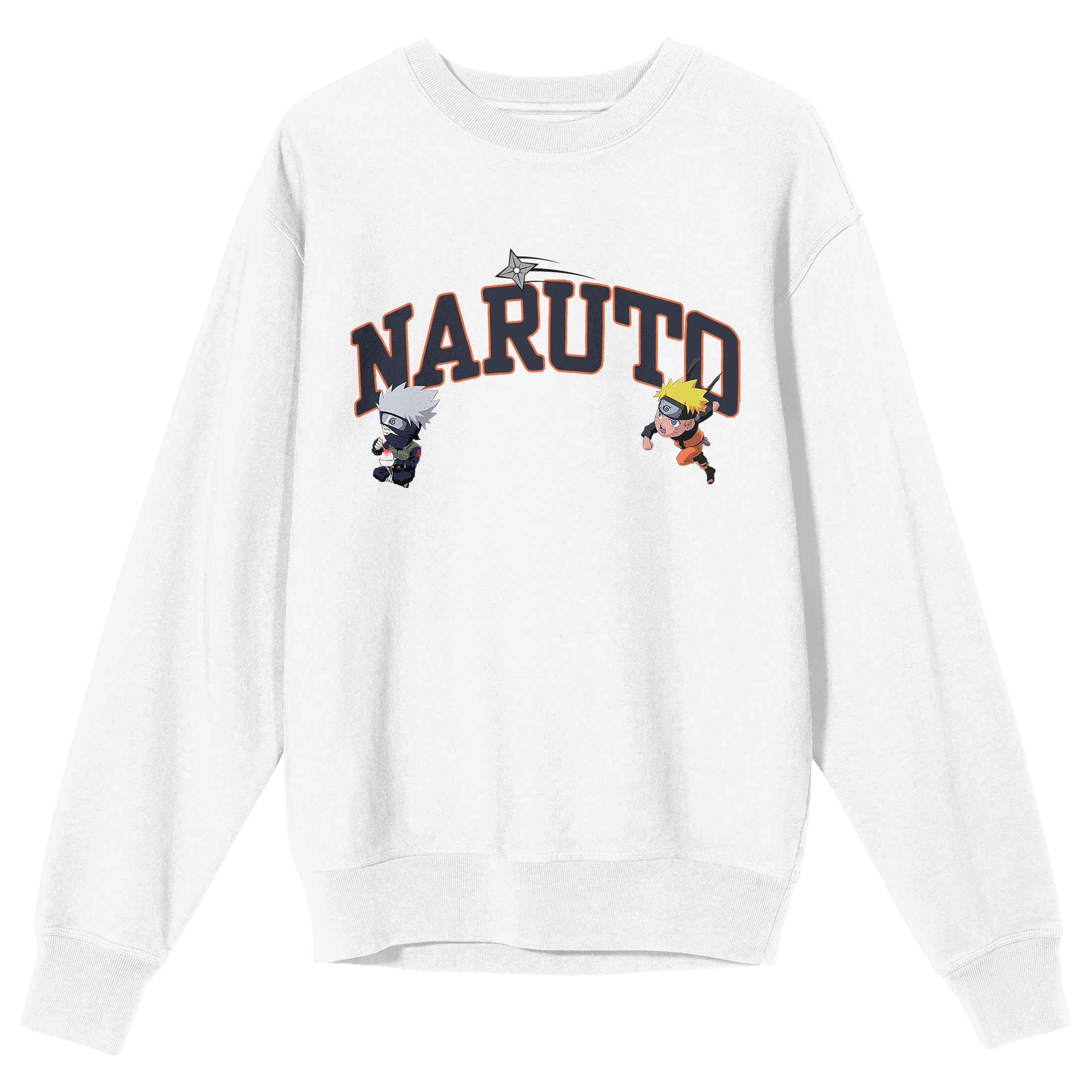 Naruto Shippuden Naruto & Kakashi Chibi Characters Crew Neck Long Sleeve White Adult Sweatshirt