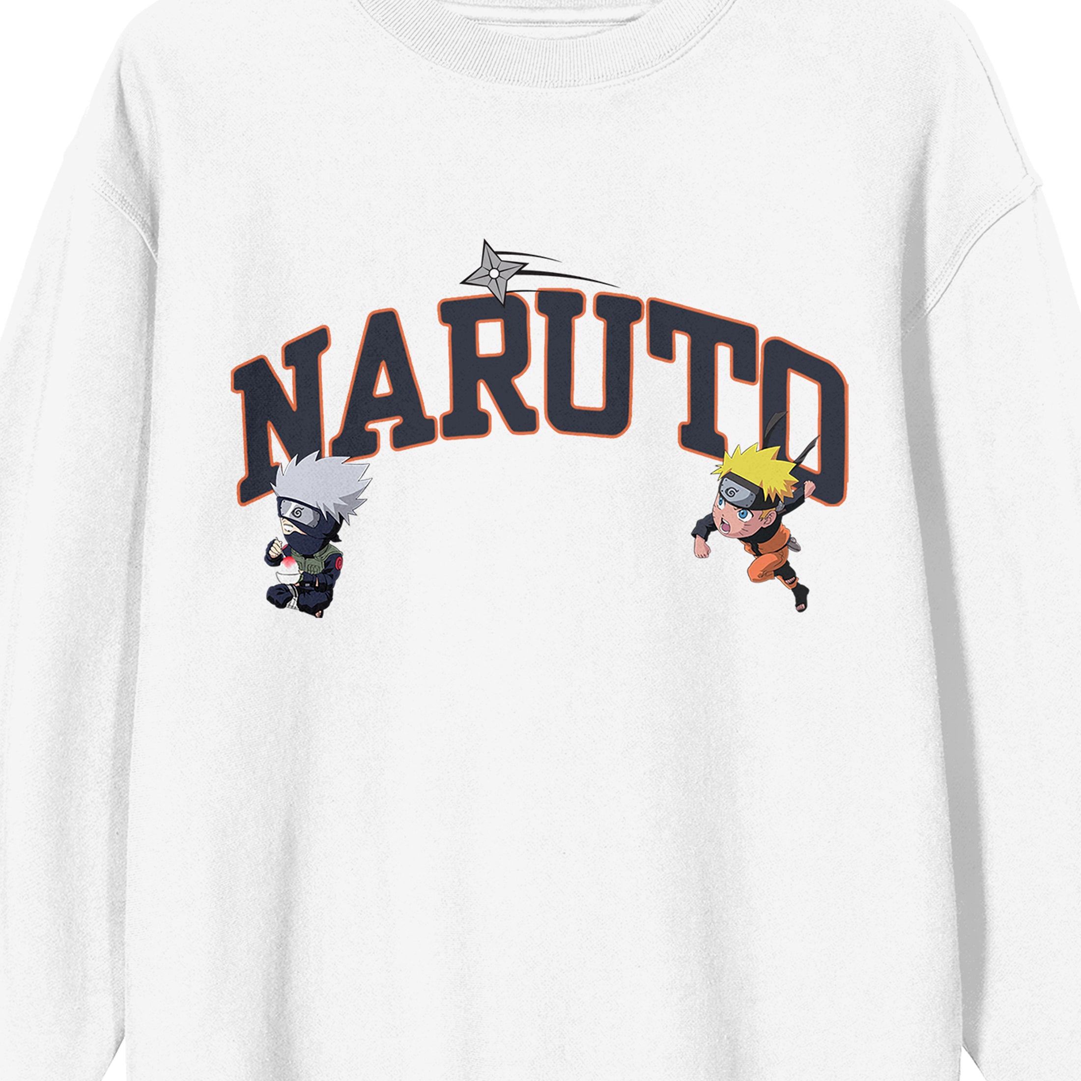 Naruto Shippuden Naruto & Kakashi Chibi Characters Crew Neck Long Sleeve White Adult Sweatshirt-Medium