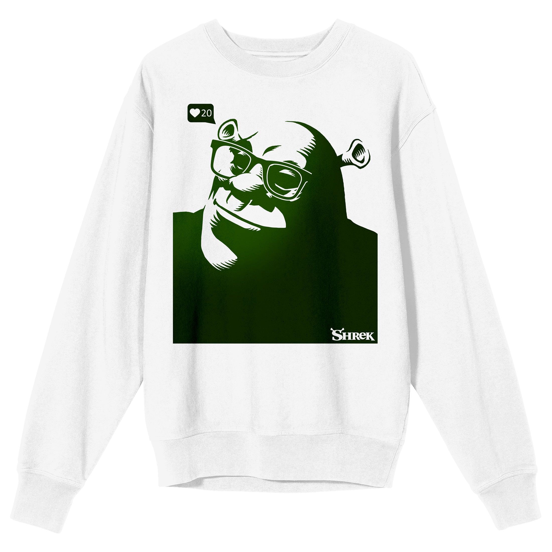 Shrek Monochromatic Ogre With Glasses Crew Neck Long Sleeve White Adult Sweatshirt