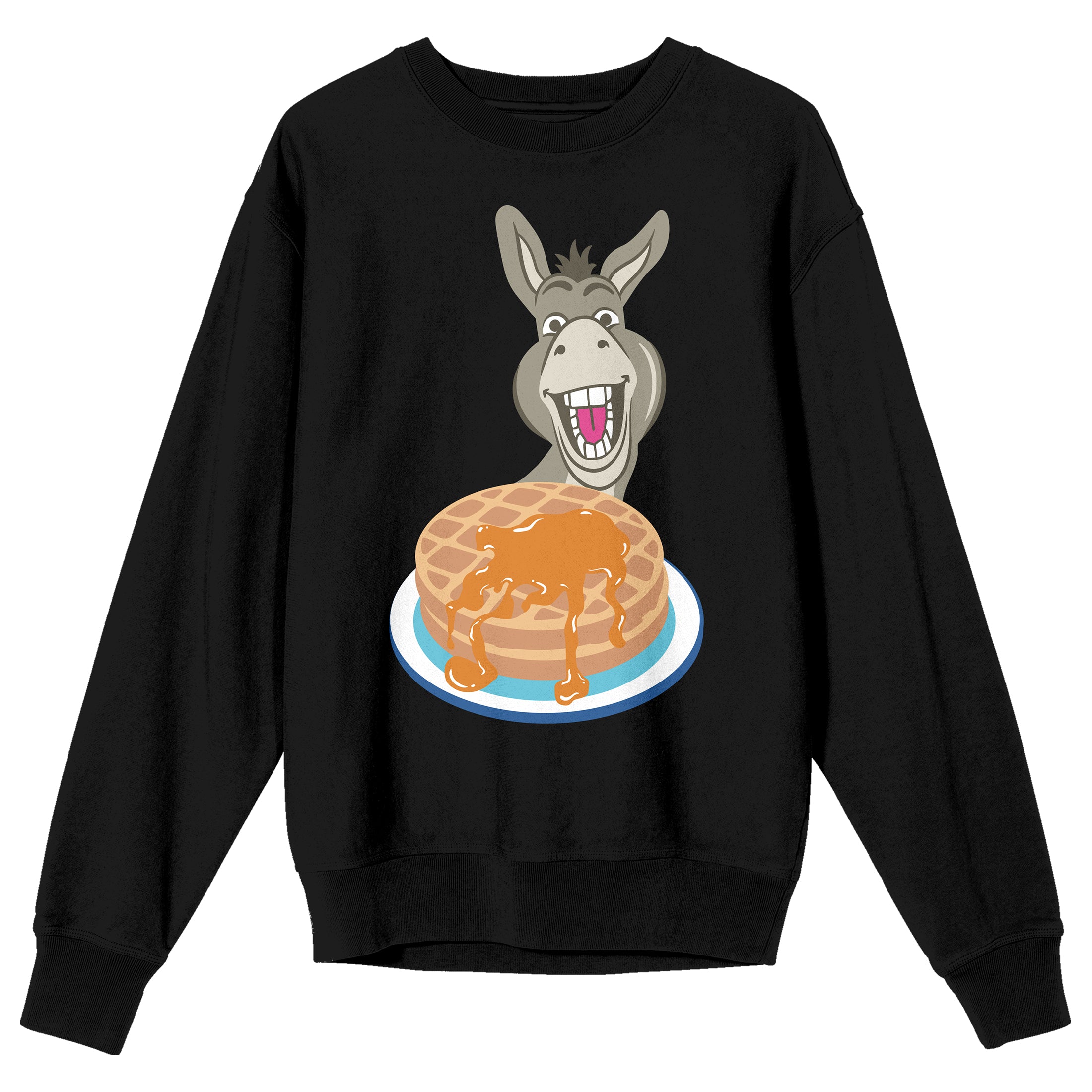 Shrek Donkey With Pancakes Crew Neck Long Sleeve Black Adult Sweatshirt