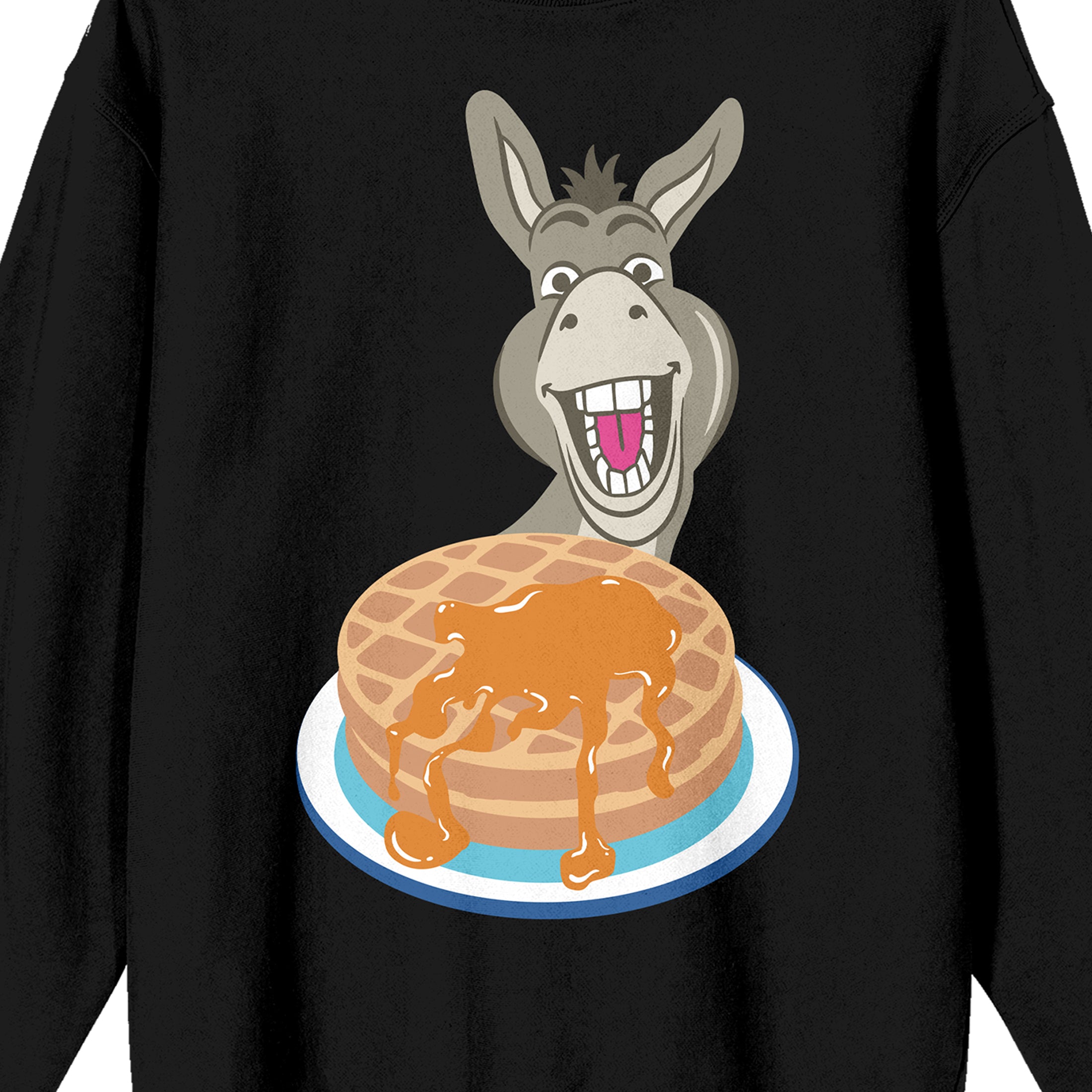 Shrek Donkey With Pancakes Crew Neck Long Sleeve Black Adult Sweatshirt-XXL