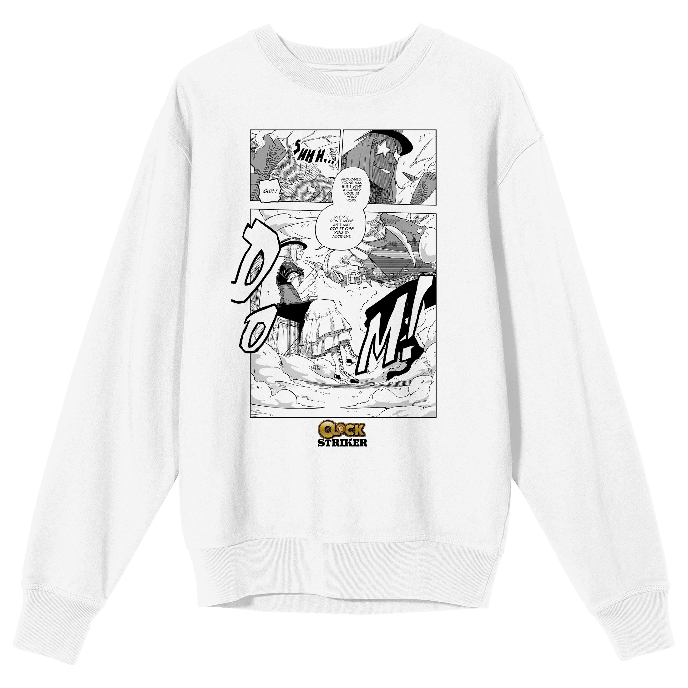 Saturday AM Clock Striker Manga Page Philomena Clock Adult White Crew Neck Sweatshirt