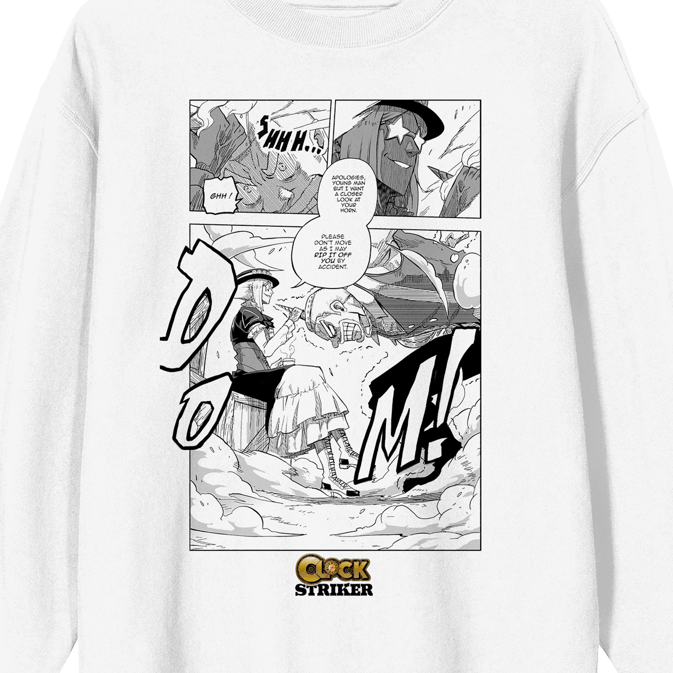 Saturday AM Clock Striker Manga Page Philomena Clock Adult White Crew Neck Sweatshirt