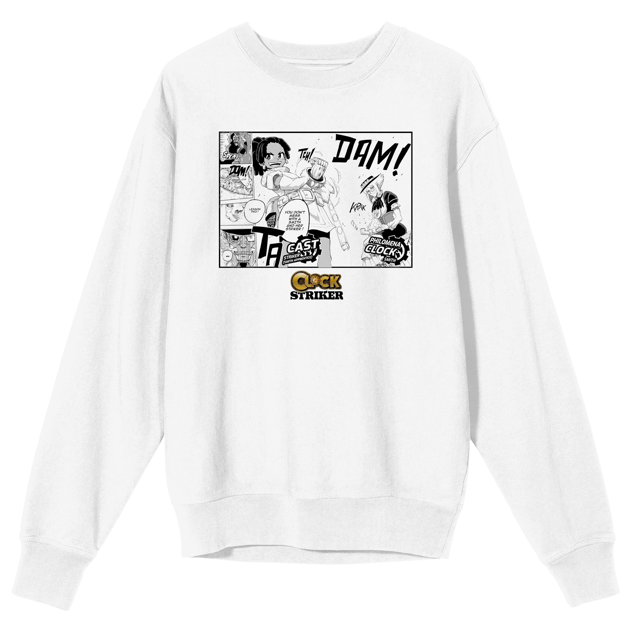 Saturday AM Clock Striker Manga Page Cast and Philomena Adult White Crew Neck Sweatshirt