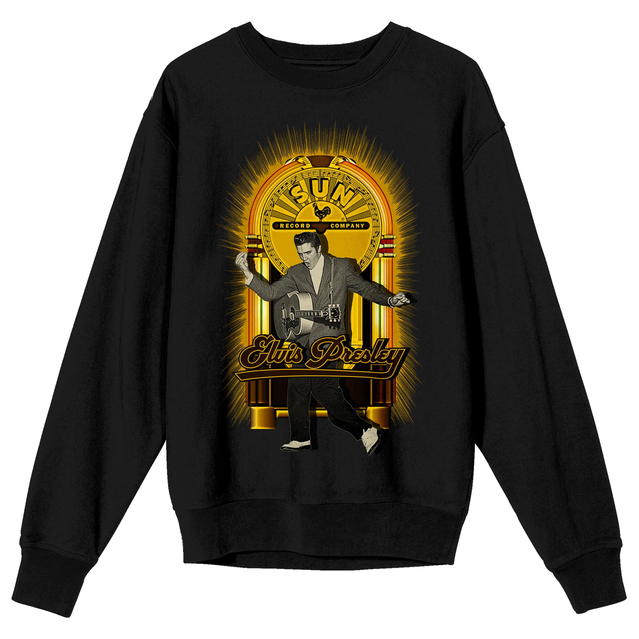 Sun Records Elvis King of Rock and Roll Adult Black Crew Neck Sweatshirt