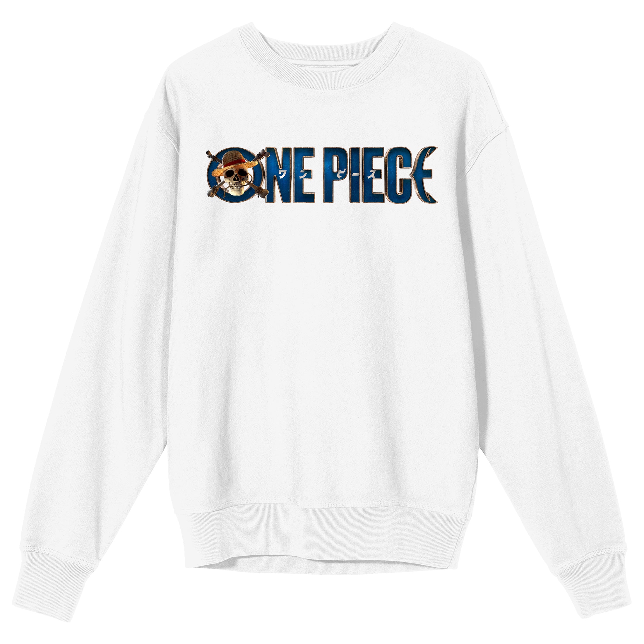 One Piece (Live Action) Title Logo Adult White Crew Neck Sweatshirt